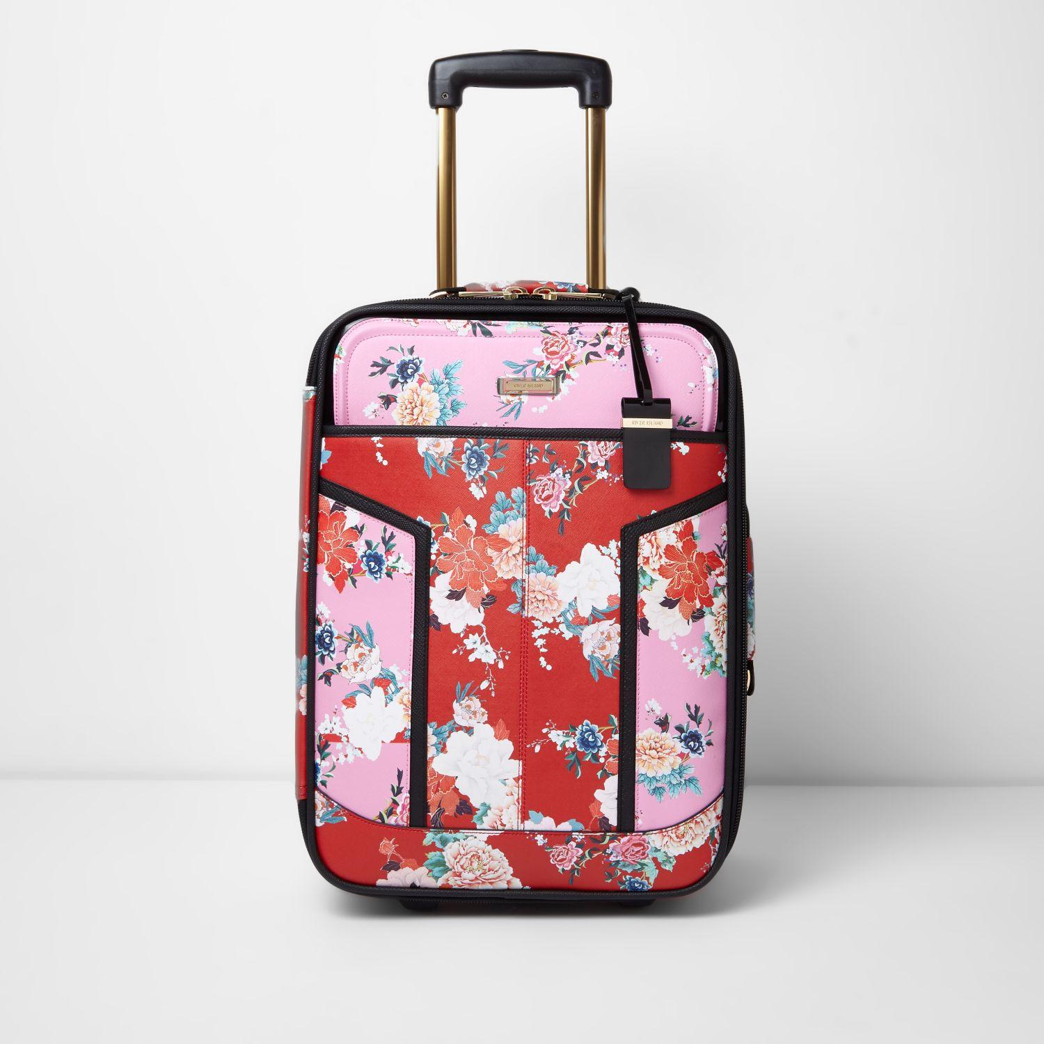 River island Pink And Red Floral Print Cabin Suitcase in Pink Lyst