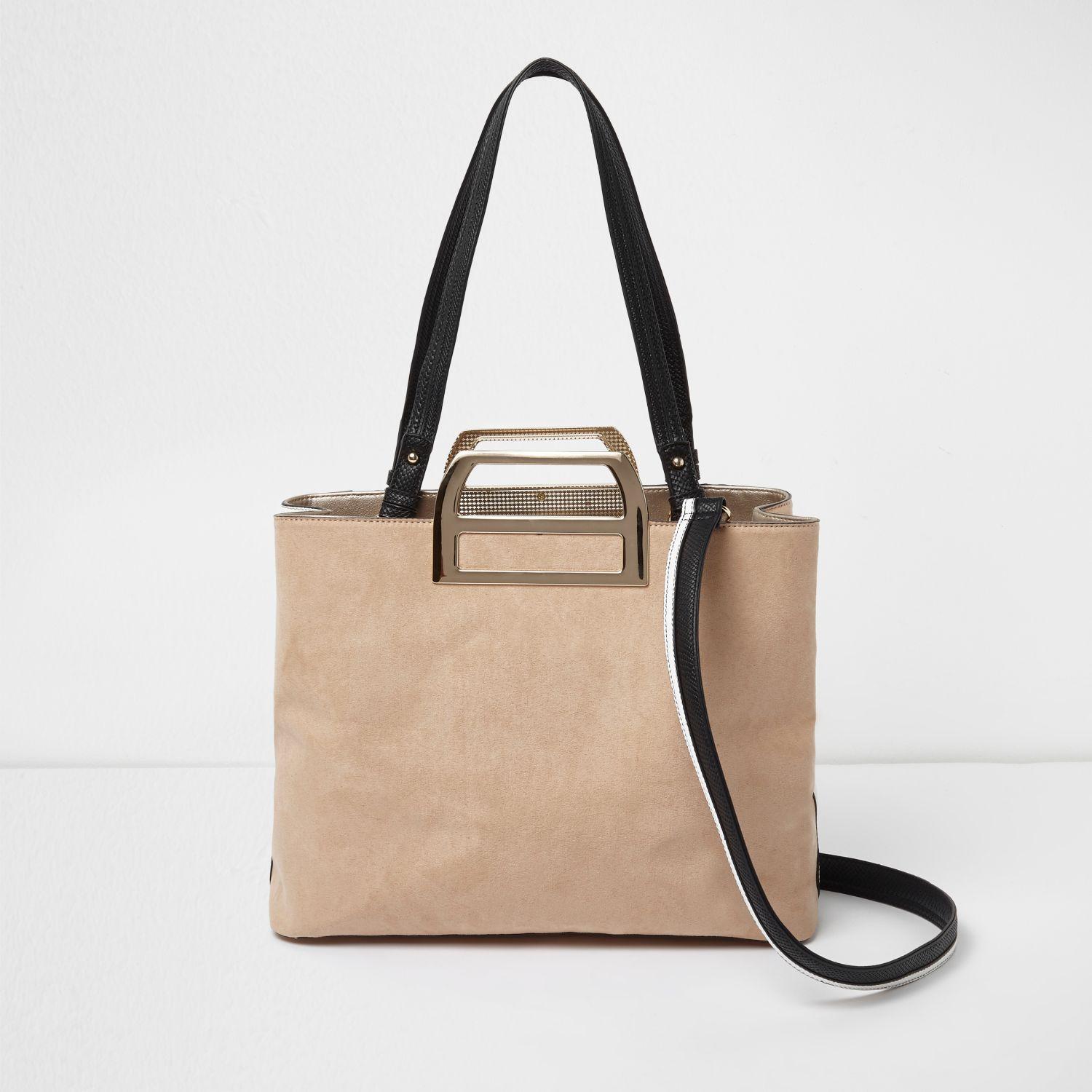 River Island Beige Metal Handle Patchwork Tote Bag In Natural Lyst river island beige metal handle patchwork tote bag in natural lyst