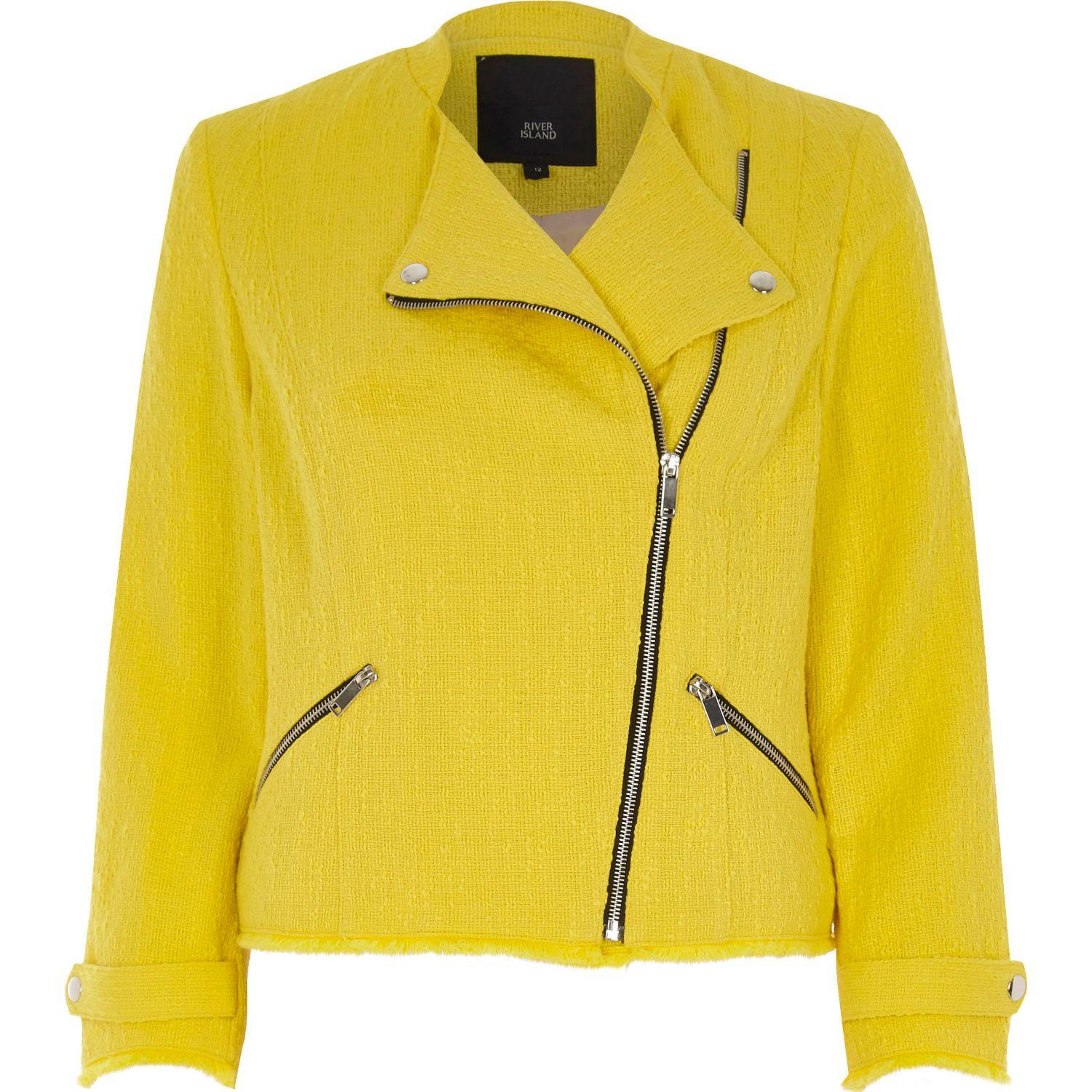 River island Yellow Boucle Biker Jacket in Yellow | Lyst