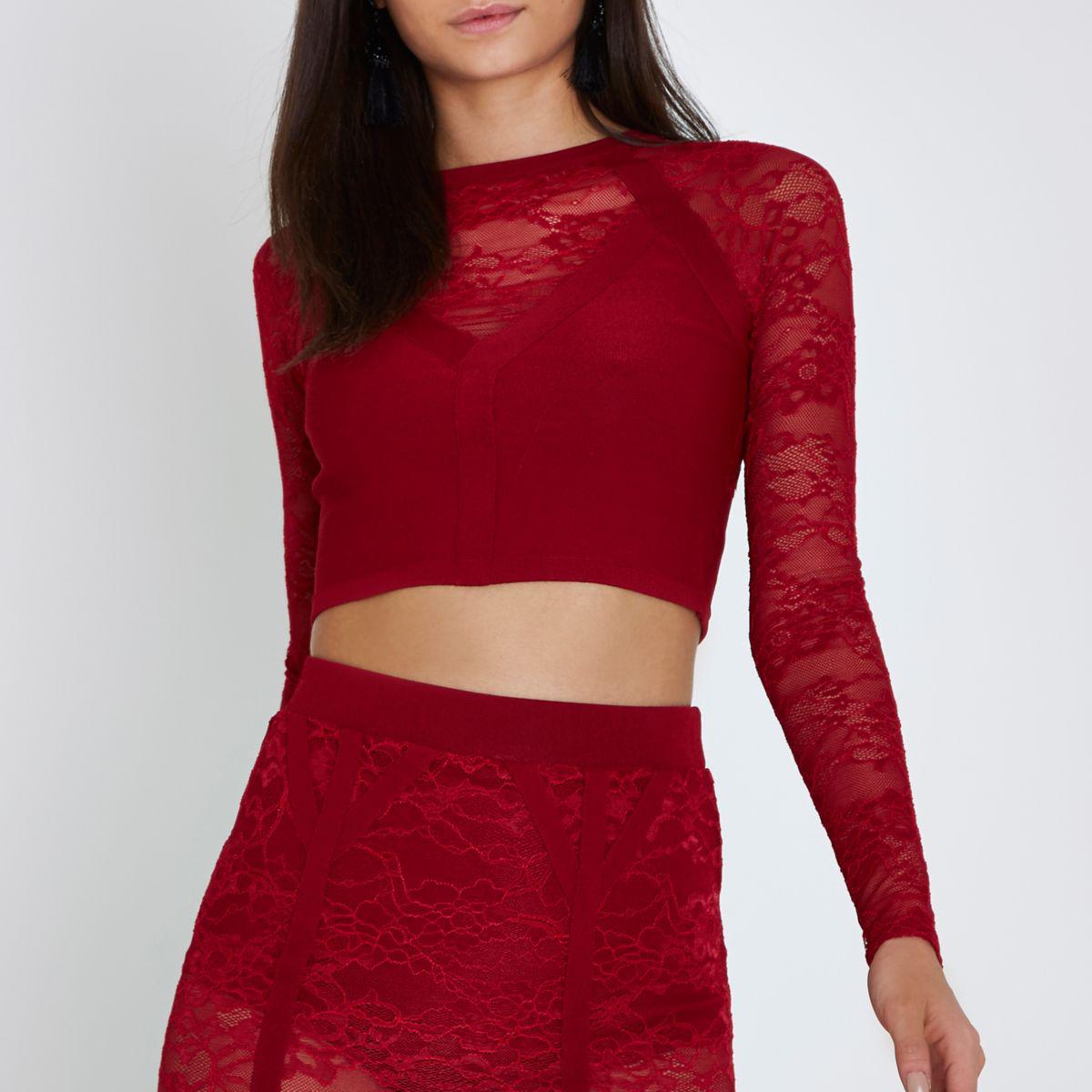 River island Red Lace Long Sleeve Crop Top Red Lace Long Sleeve Crop