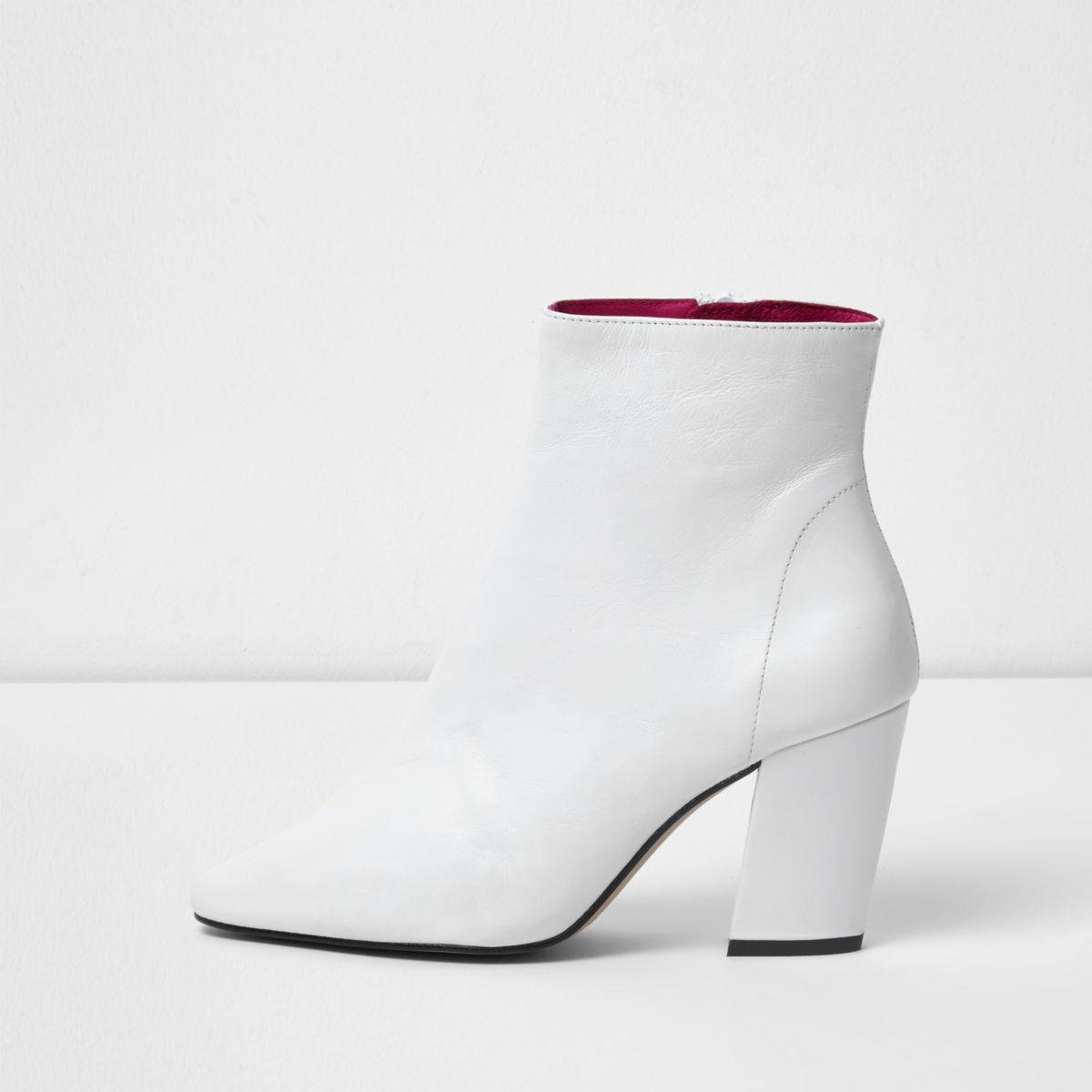 River island White Block Heel Leather Ankle Boots in White | Lyst