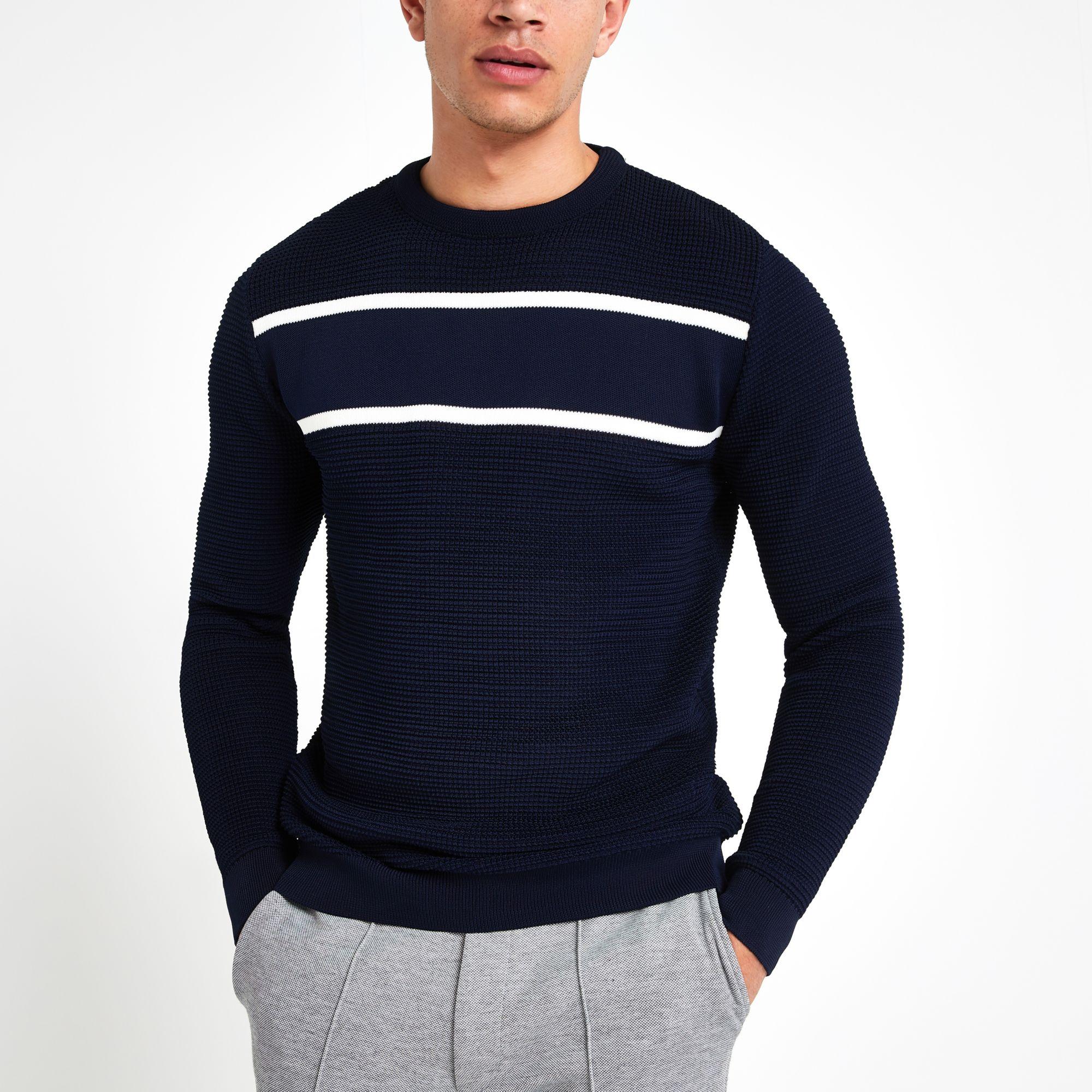 River Island Navy Textured Slim Fit Jumper in Blue for Men Lyst