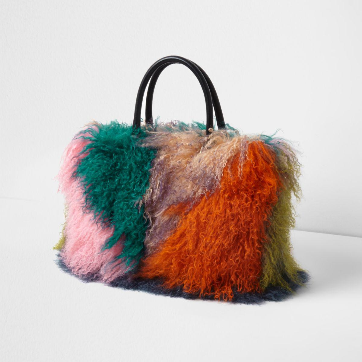 Lyst River Island Orange Mongolian Fur Patchwork Large Tote Bag Gallery