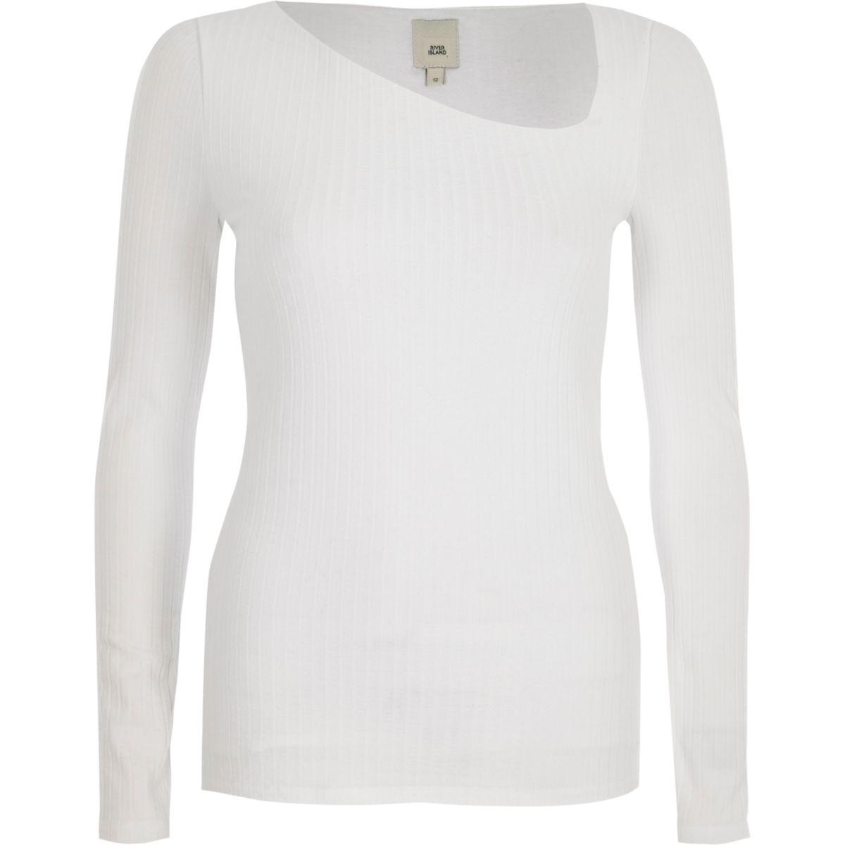 Elbow-Sleeve Asymmetric Neckline Top White