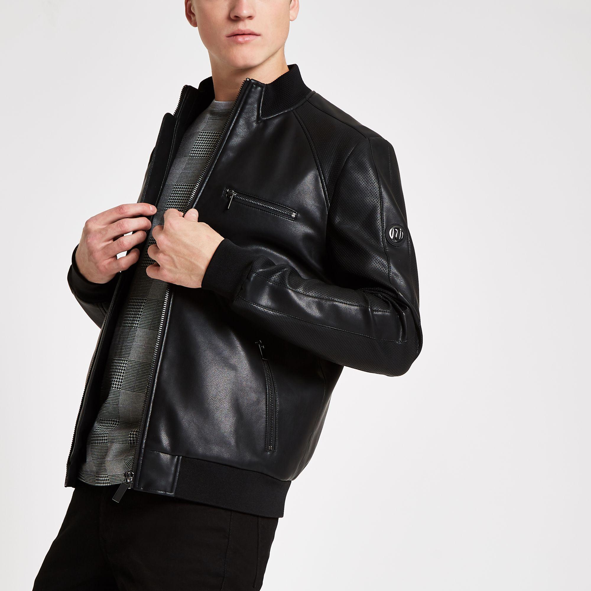 Lyst - River Island Black Perforated Faux Leather Bomber Jacket in ...