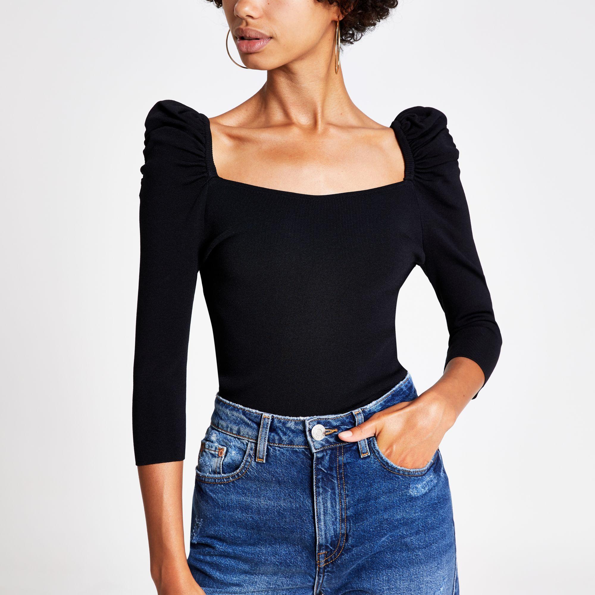 River Island Synthetic Black Puff Sleeve Square Neck Top - Lyst