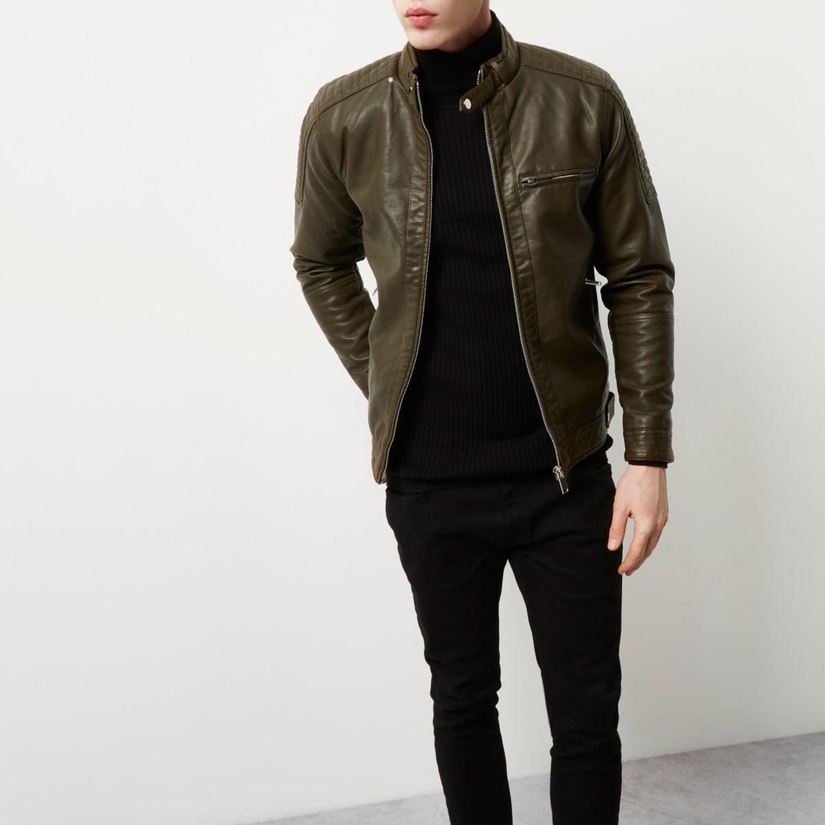 Lyst - River Island Racer Neck Faux-leather Jacket in Green for Men