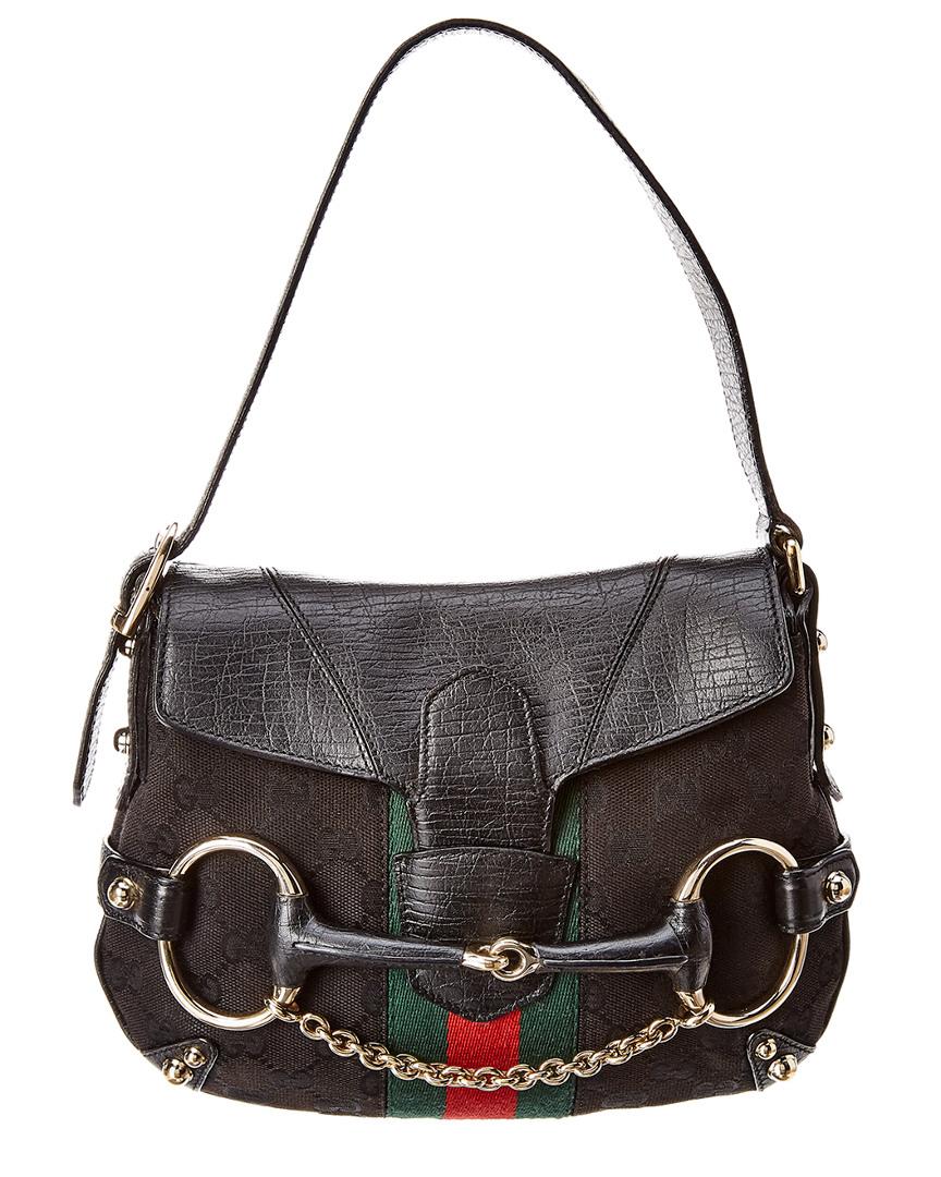 Lyst - Gucci Black GG Canvas & Leather Horsebit Shoulder Bag in Black