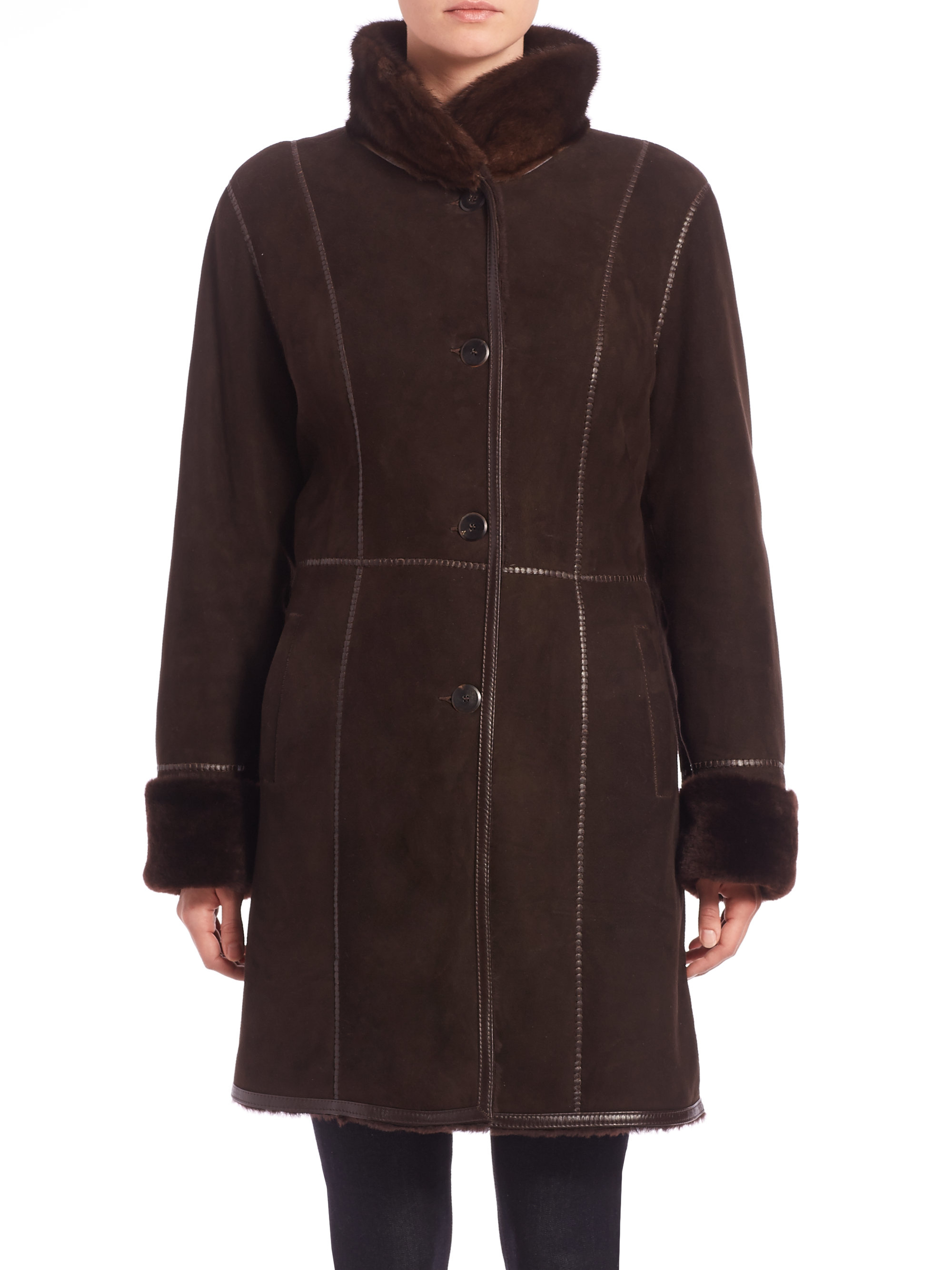 Saks fifth avenue Shearling Mink-collar Coat in Brown | Lyst