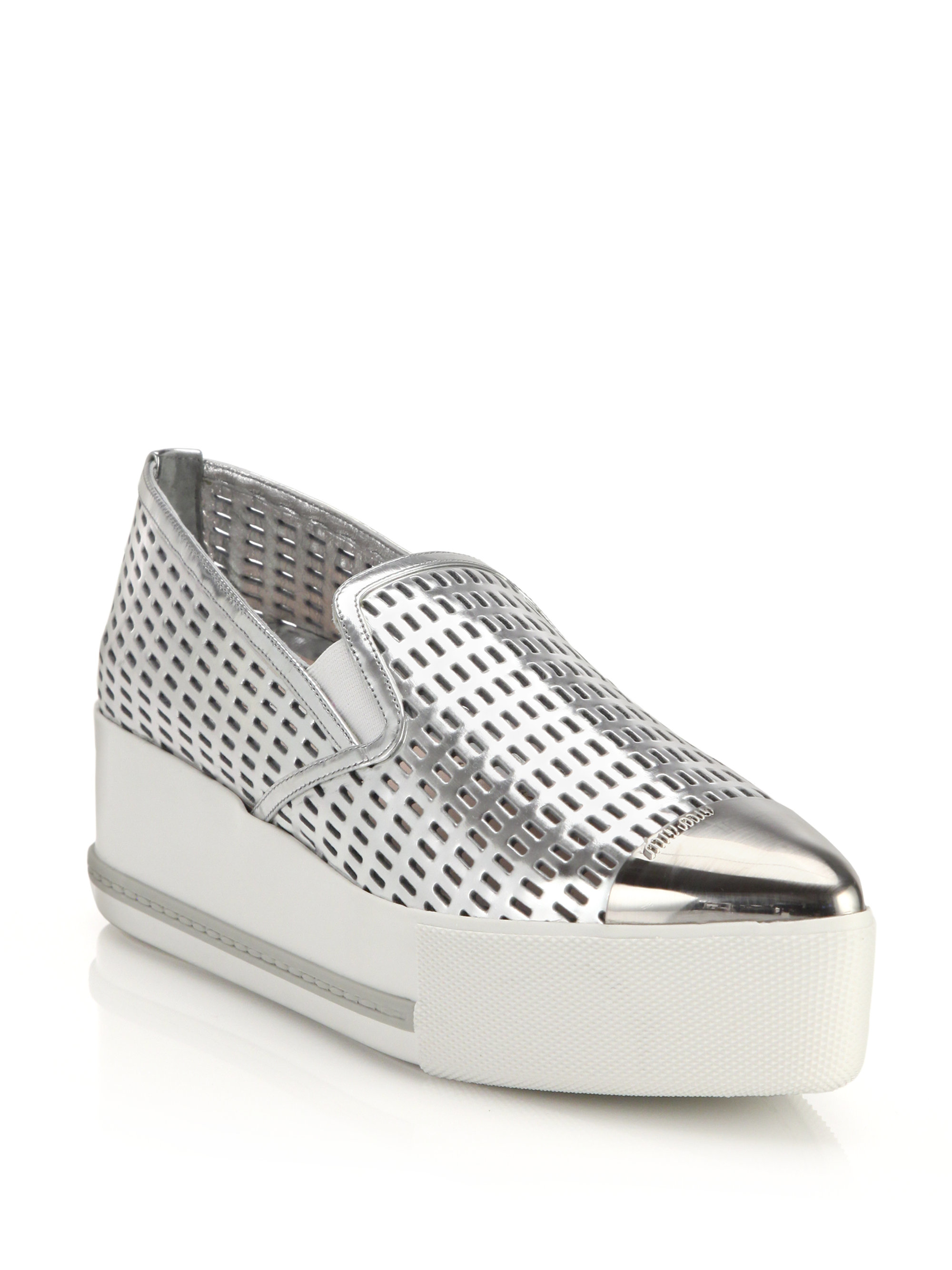 Lyst - Miu Miu Metal Cap Toe Leather Platform Sneakers in Metallic