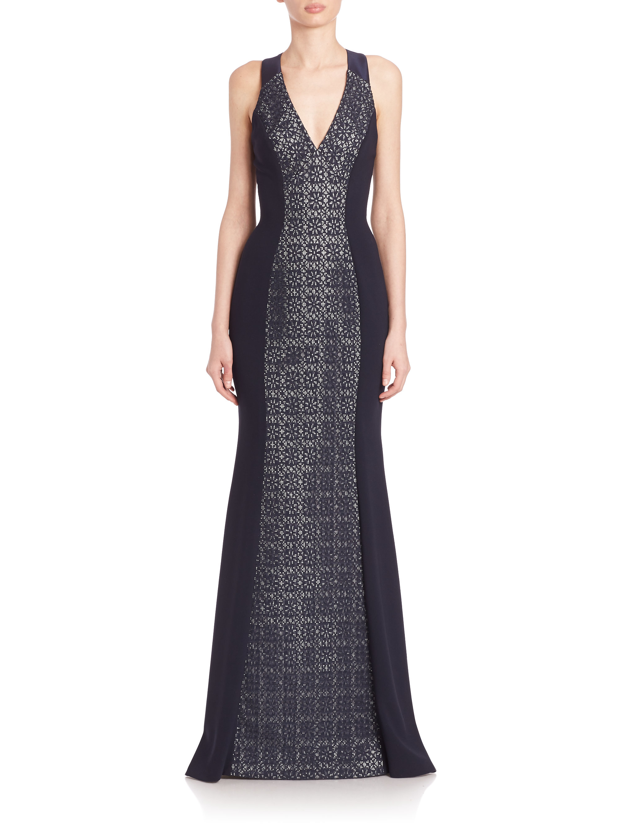 Theia V-neck Metallic Jacquard Gown in Blue | Lyst