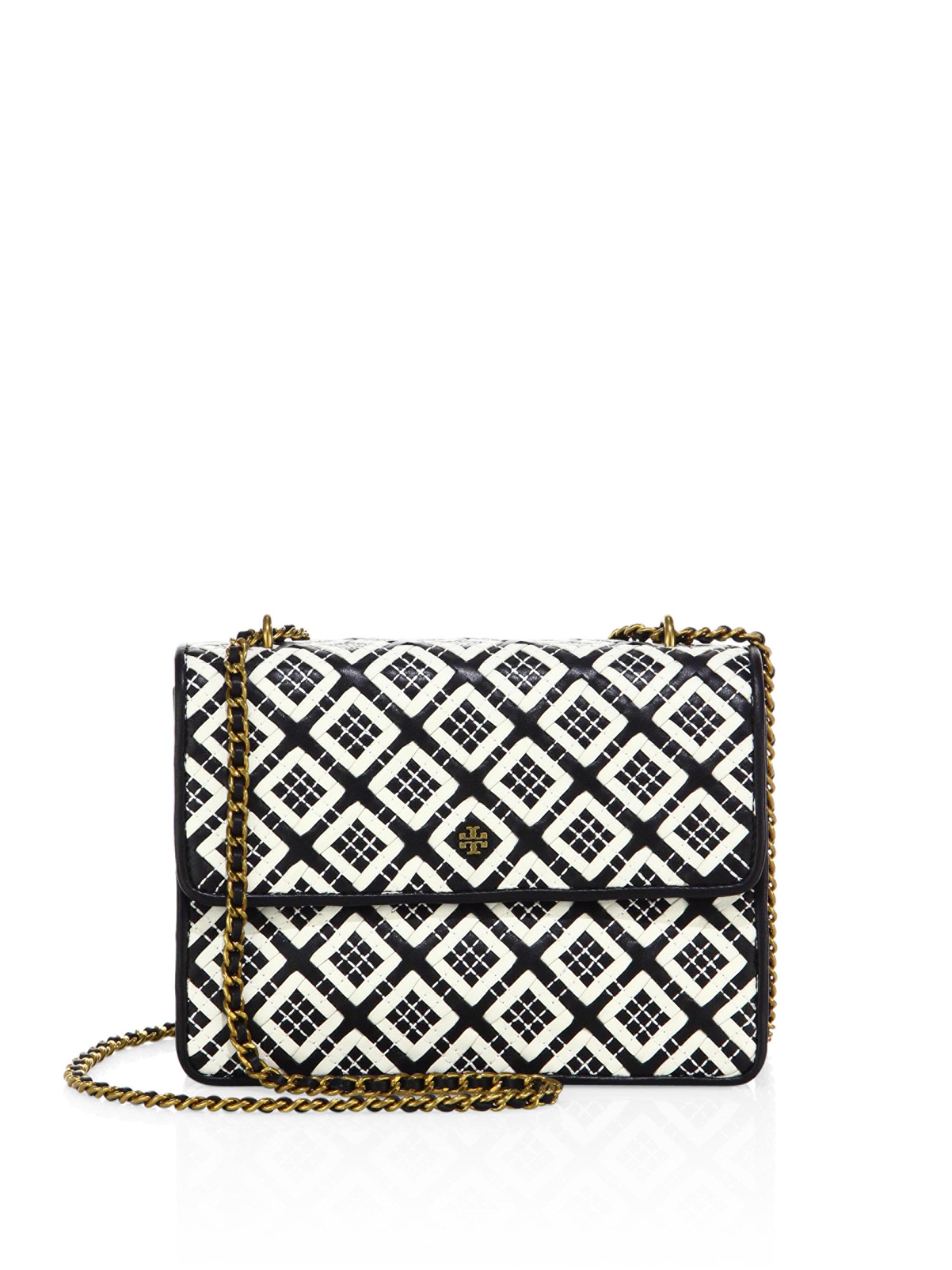 Lyst Tory Burch Robinson Woven Leather Chain Crossbody Bag in Black