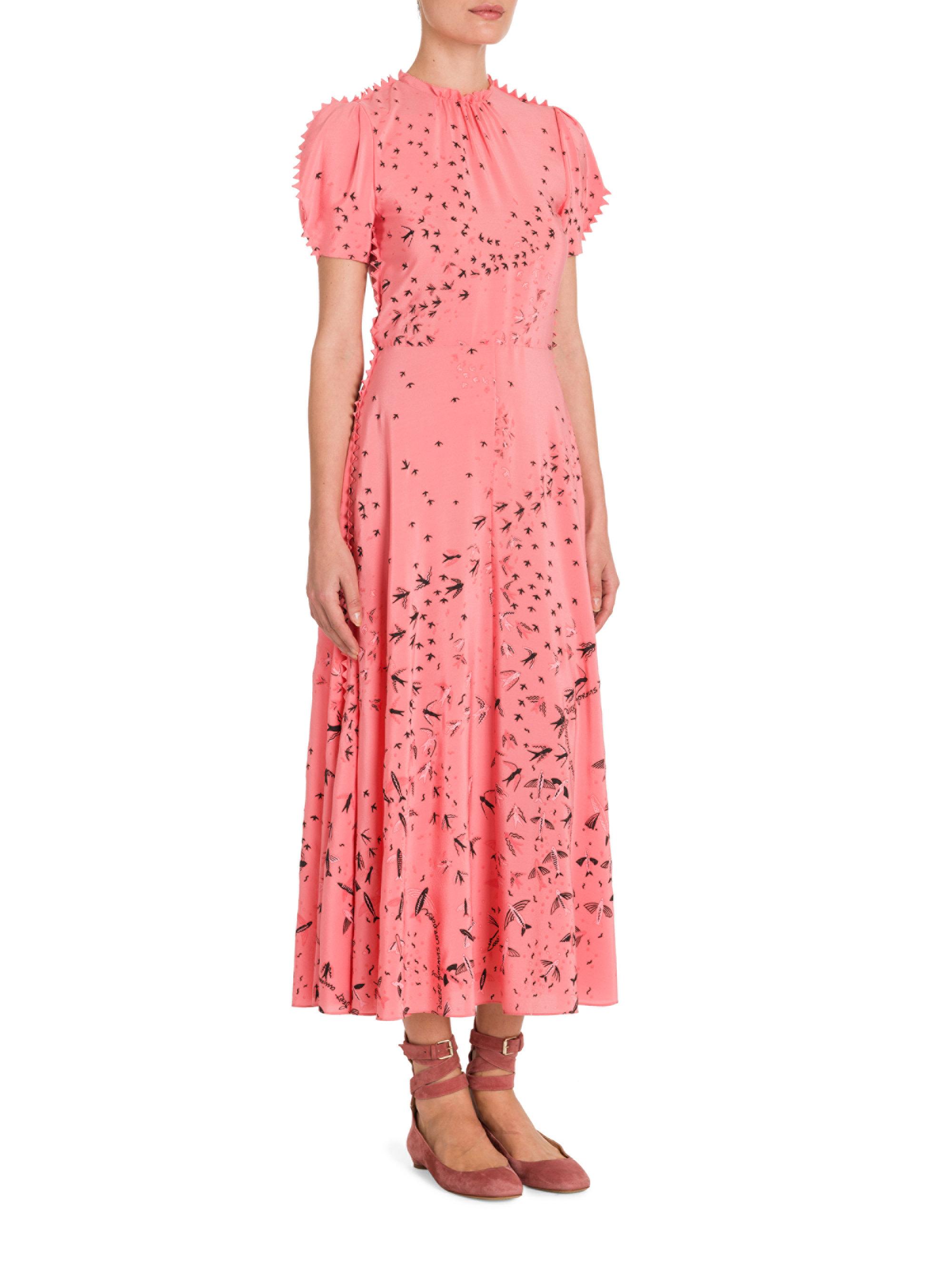 Valentino Bird Printed Silk Dress in Pink | Lyst