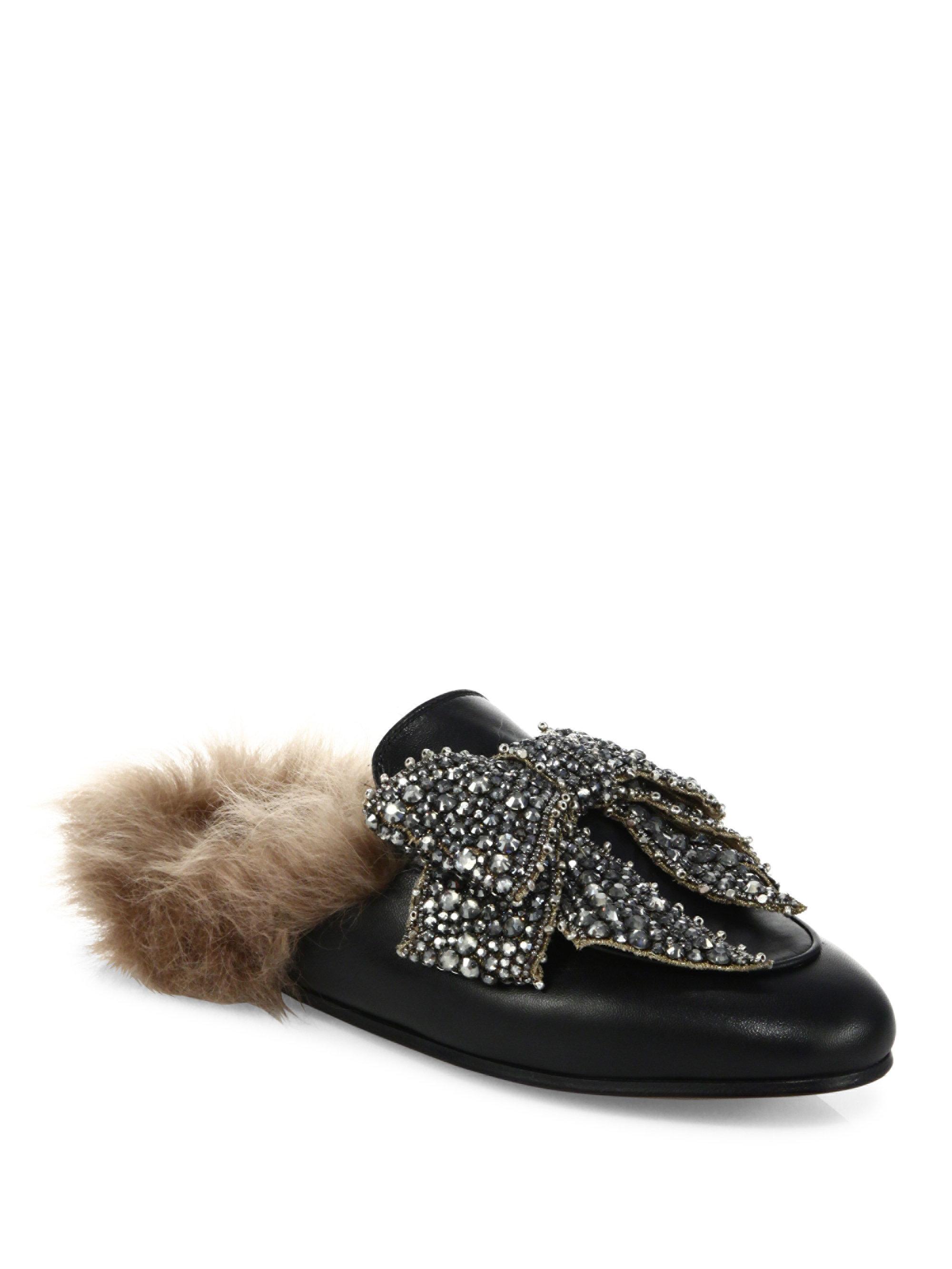 Gucci Princetown Jeweled Leather & Fur Loafer Slides in Black | Lyst