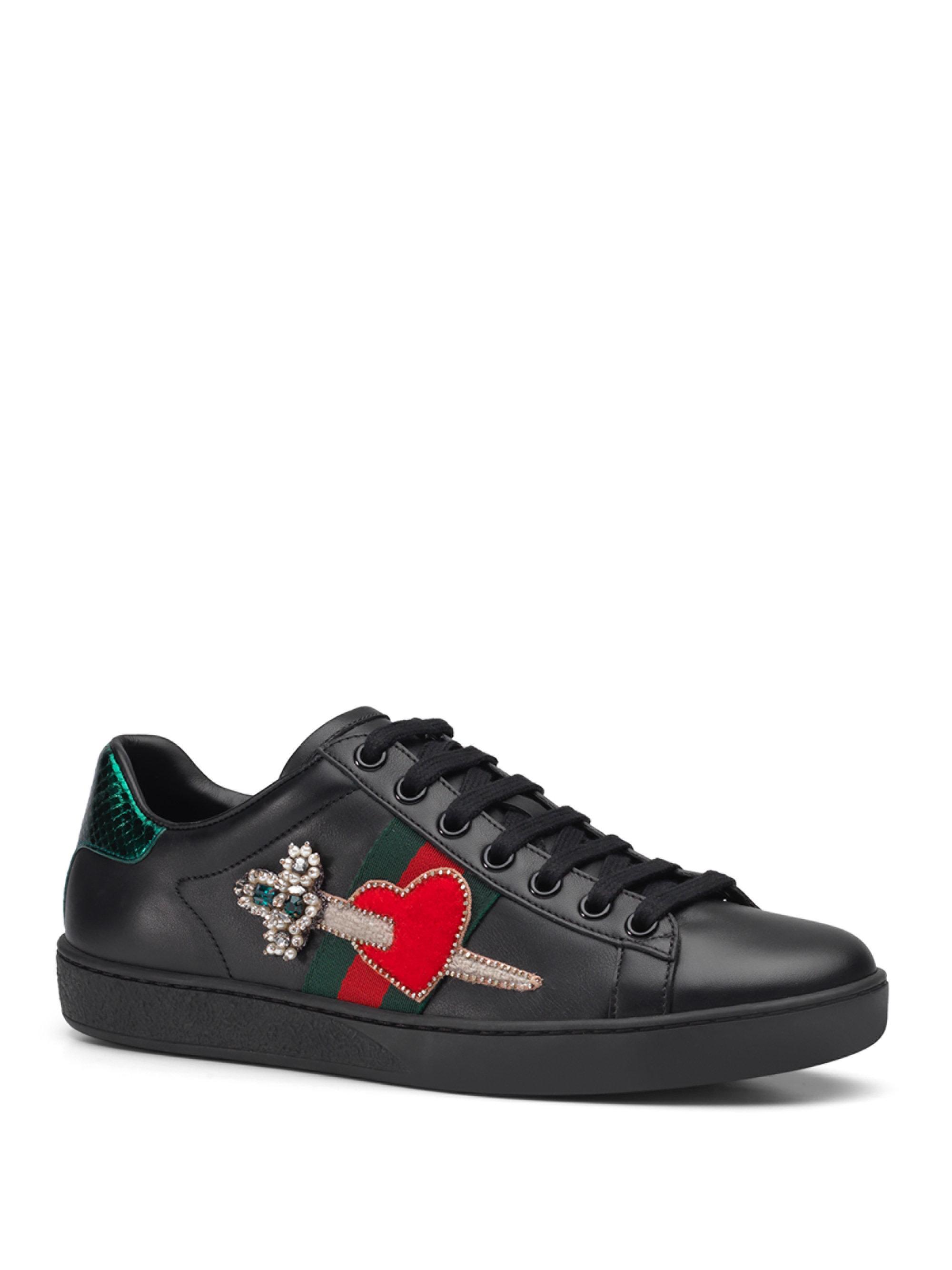 Gucci New Ace Pierced Heart Leather Sneakers in Black | Lyst