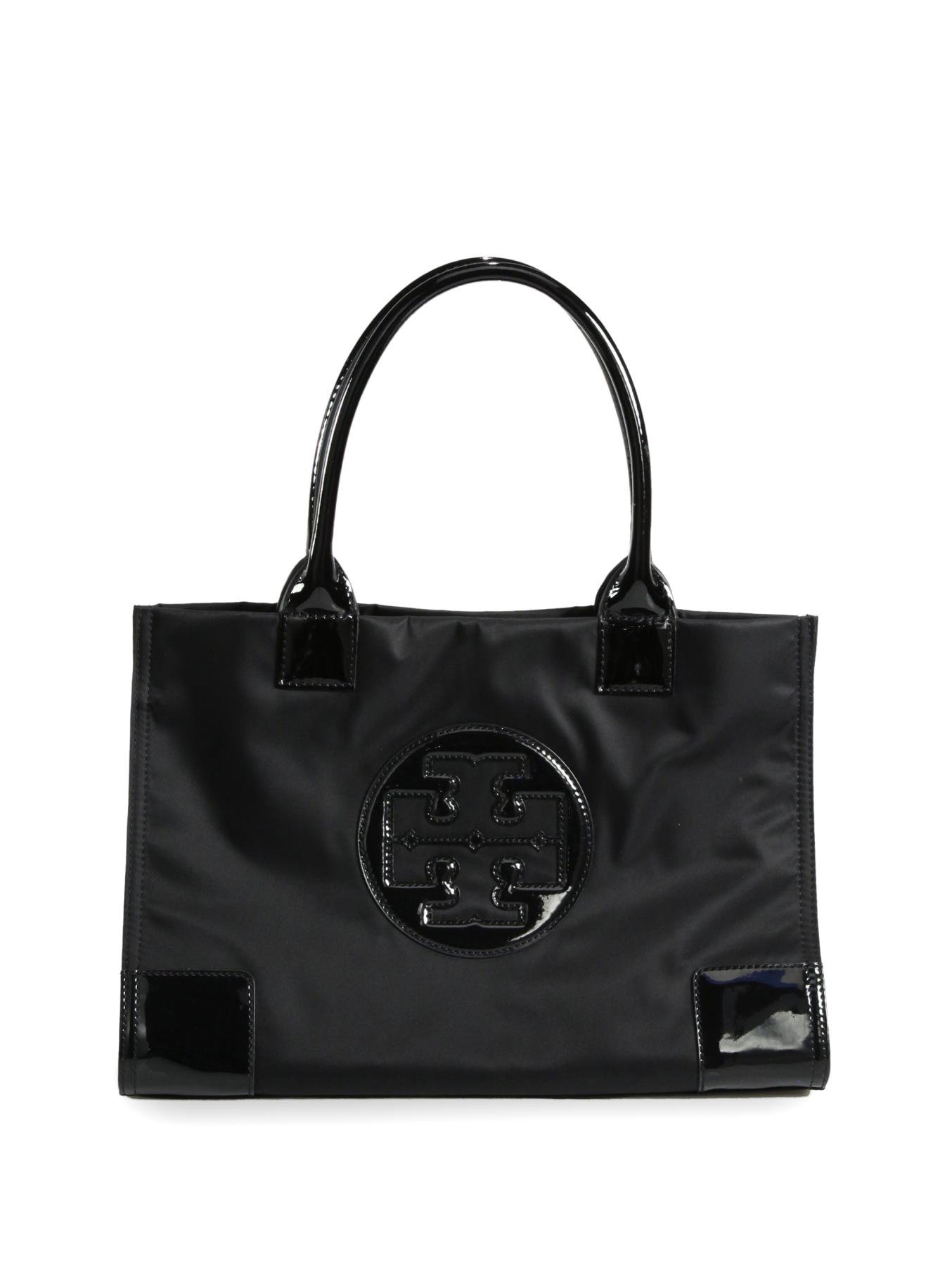 Tory burch Ella Mini Nylon & Faux Leather Tote in Black | Lyst