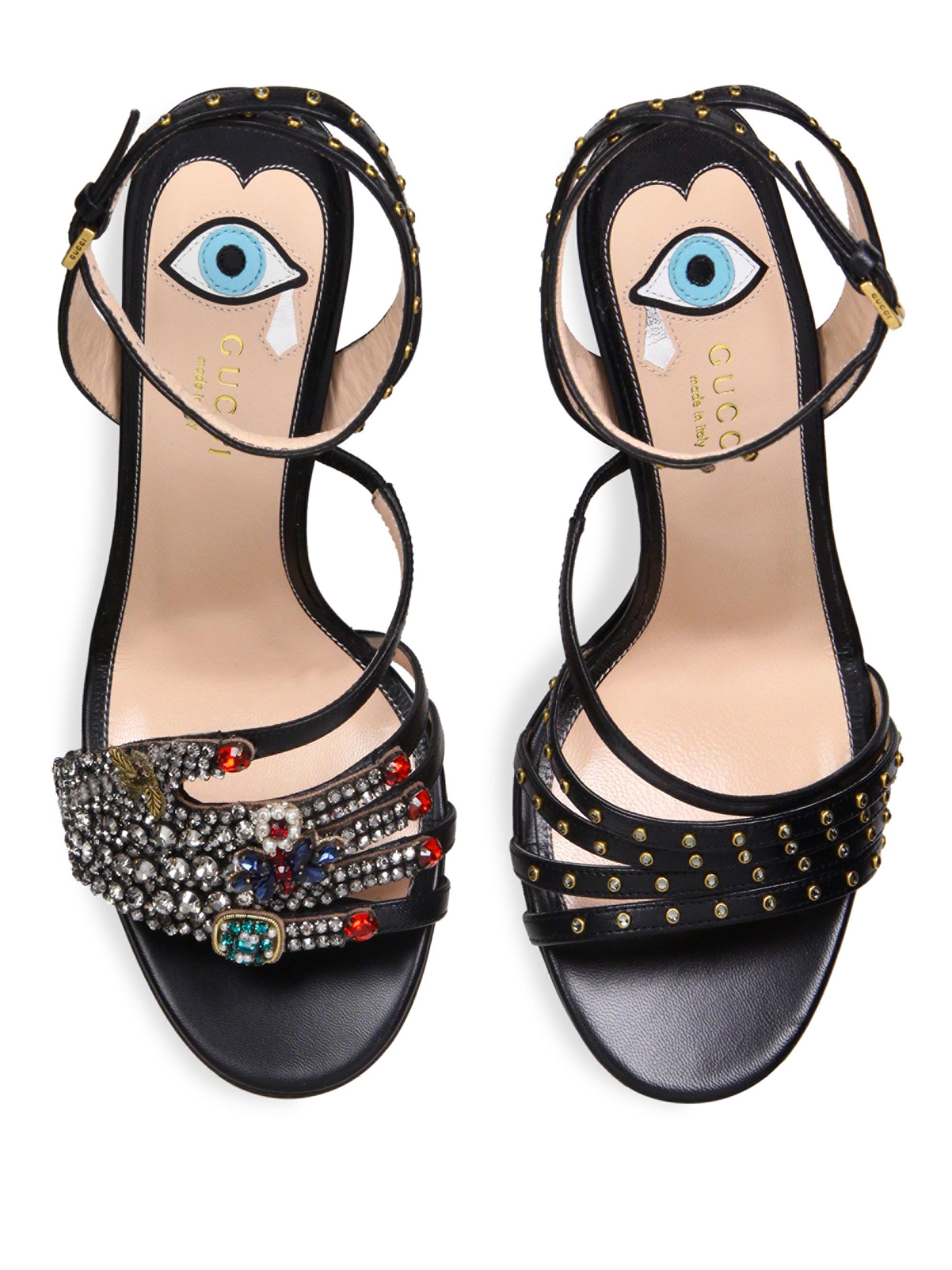Lyst Gucci Wangy Crystalencrusted Leather Sandals in Black