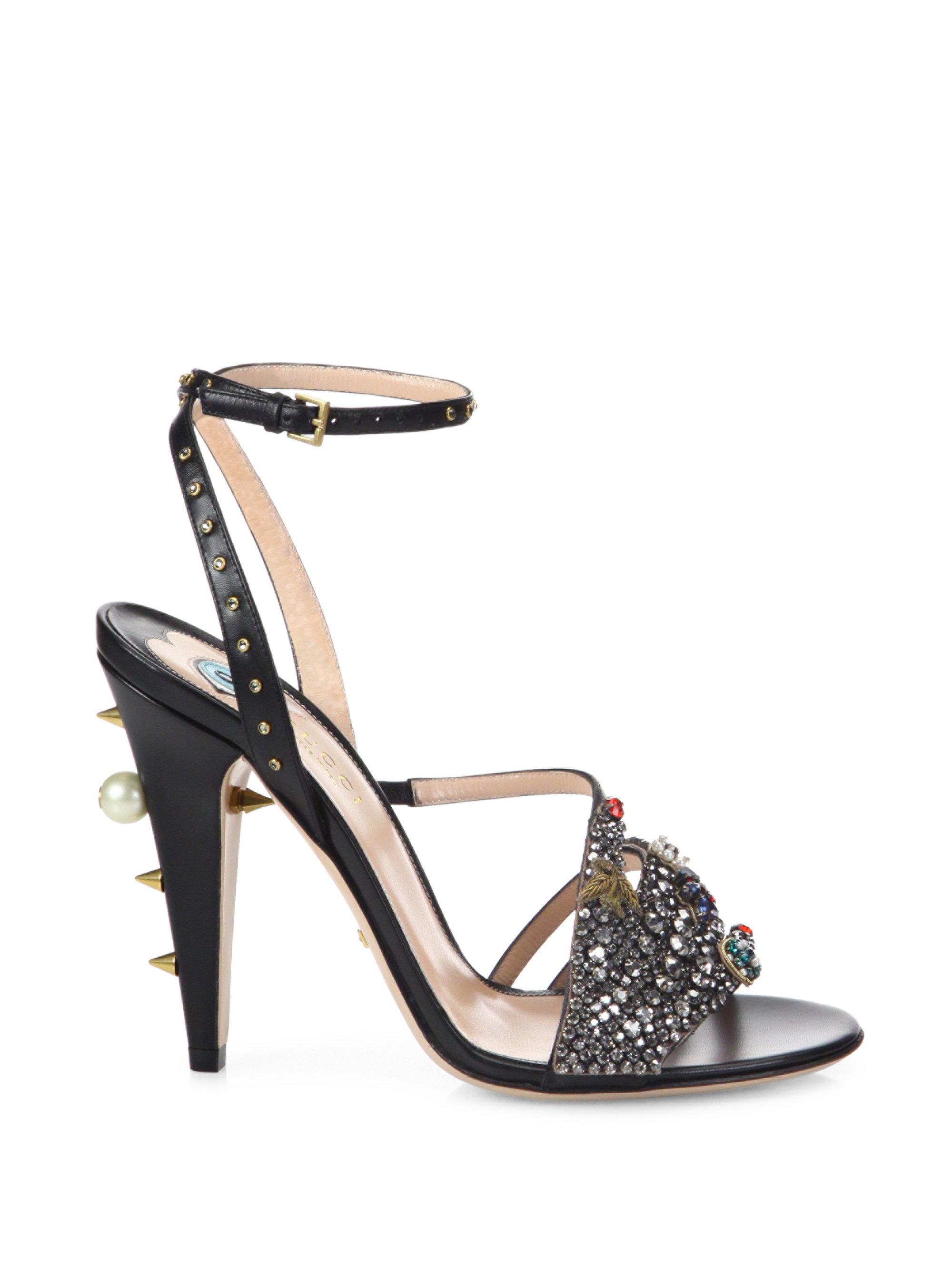 Lyst - Gucci Wangy Crystal-encrusted Leather Sandals in Black