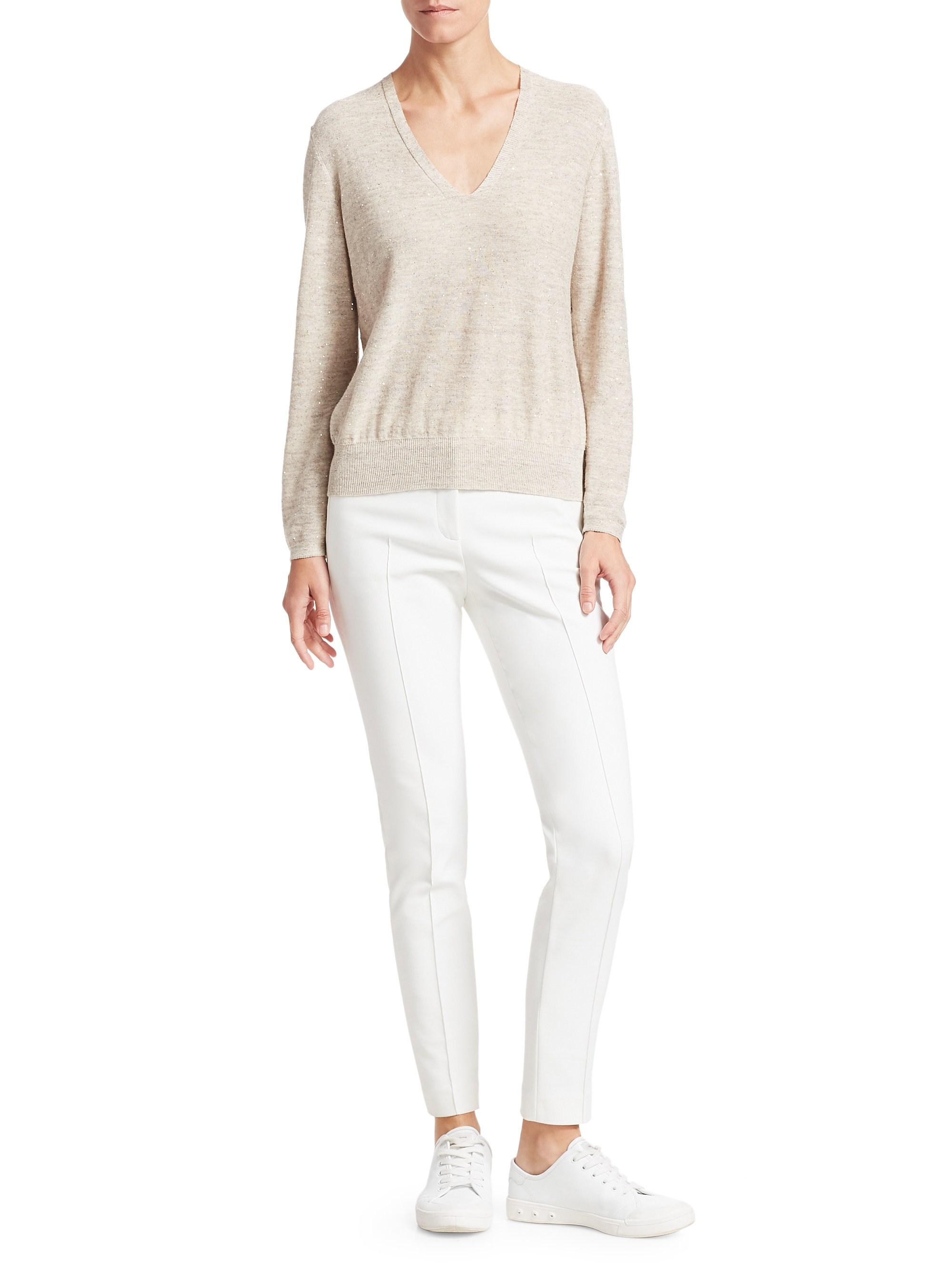 Akris Sequin V-neck Sweater in Natural - Lyst