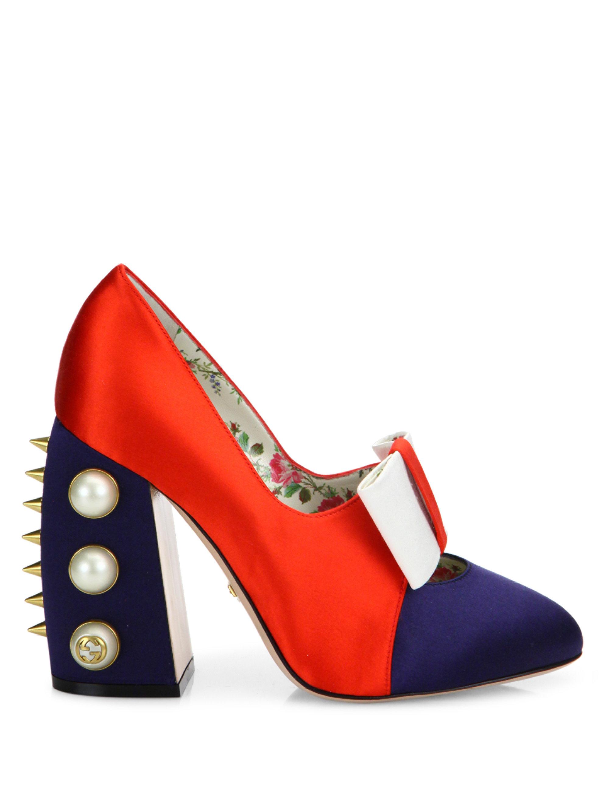 Lyst Gucci  Luna  Studded Block Heel Colorblock Satin 