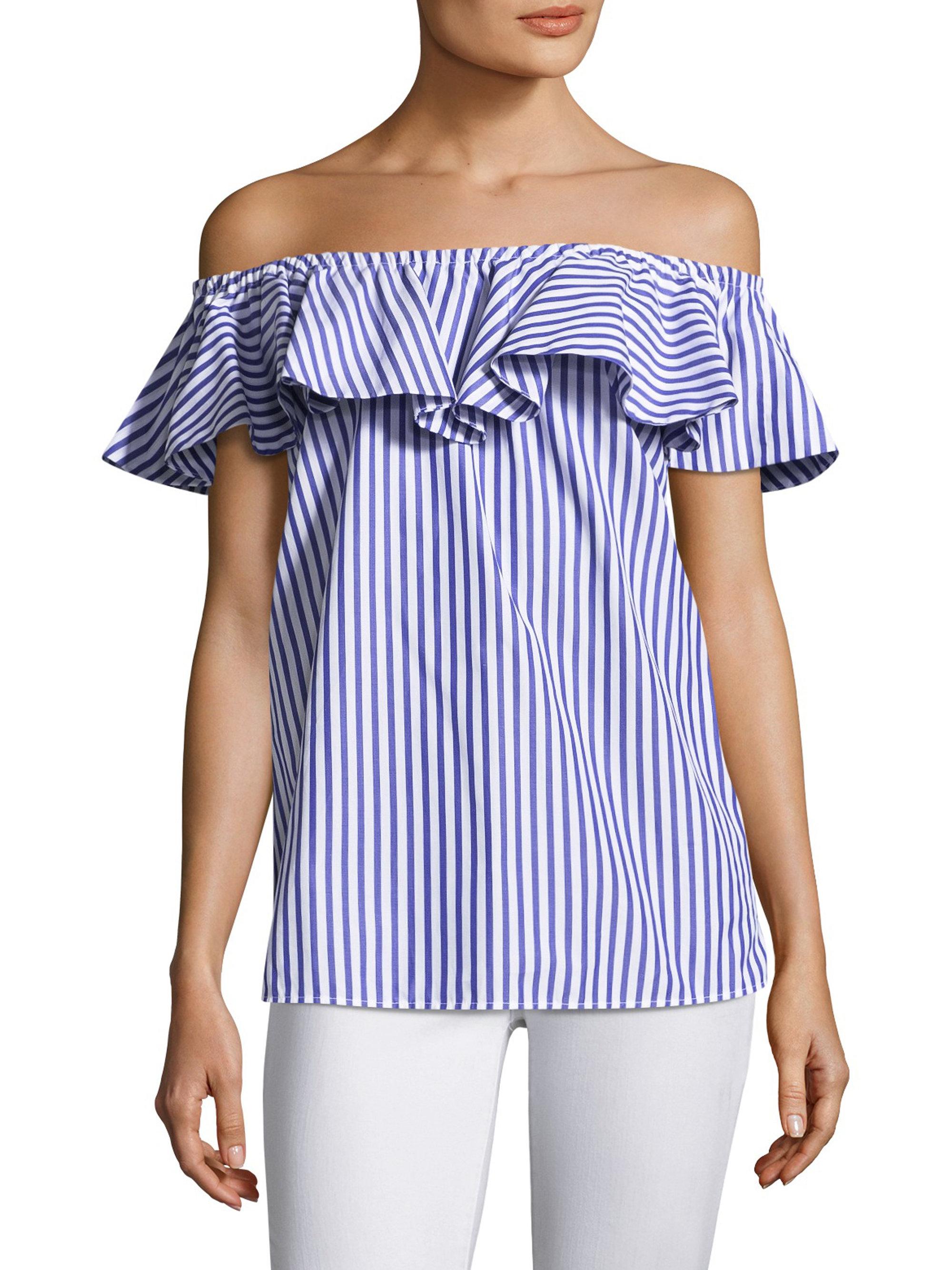 MDS Stripes Offtheshoulder Ruffle Cotton Top in Blue Lyst
