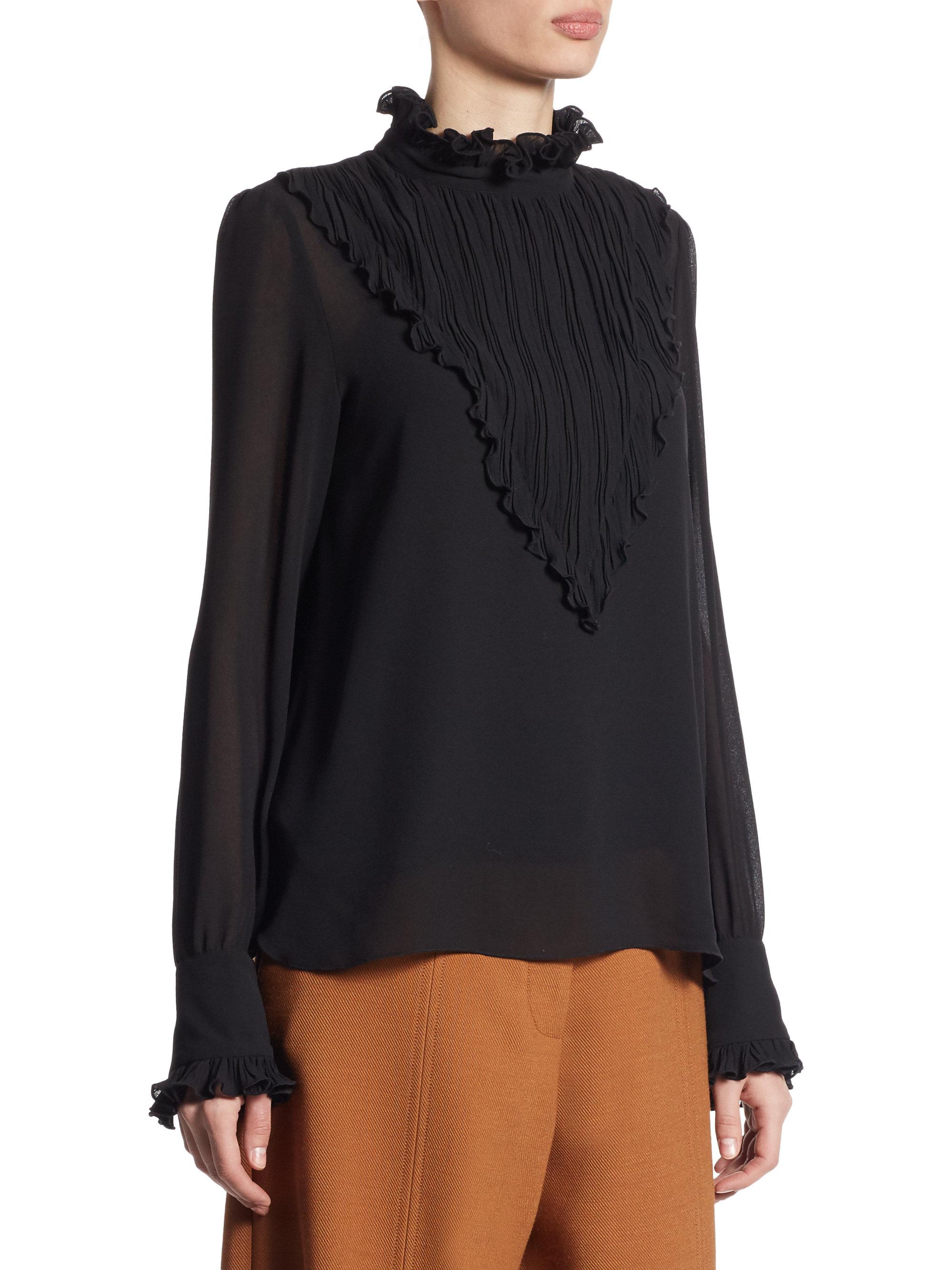 See By Chloé Pleated Bib Long Sleeve Blouse in Black - Lyst