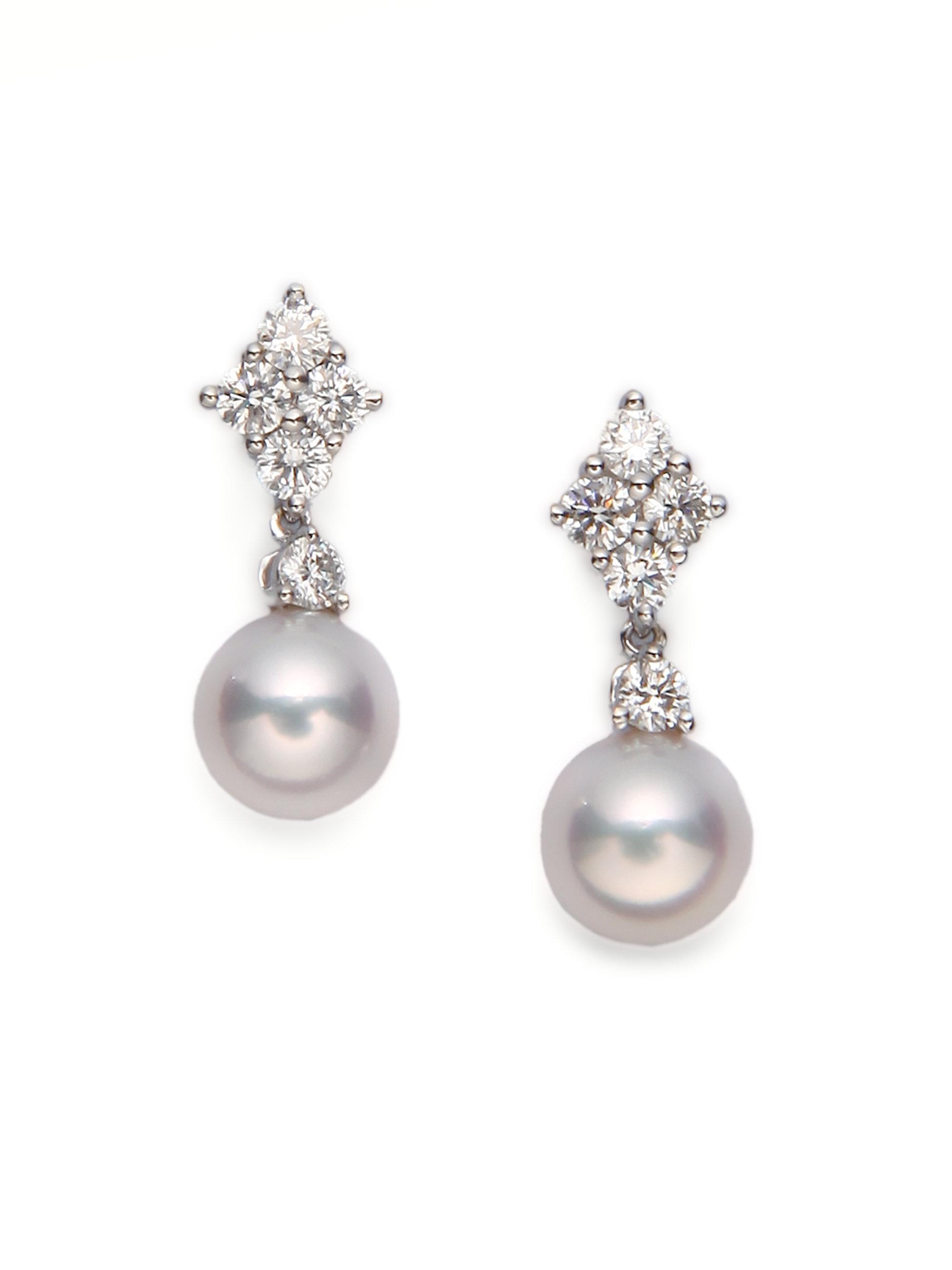Lyst Mikimoto 7 5mm White Cultured Akoya Pearl Diamond 18k Mikimoto Women S 7 5mm White Cultured Akoya Pearl Diamond 18k Gold Drop Earrings