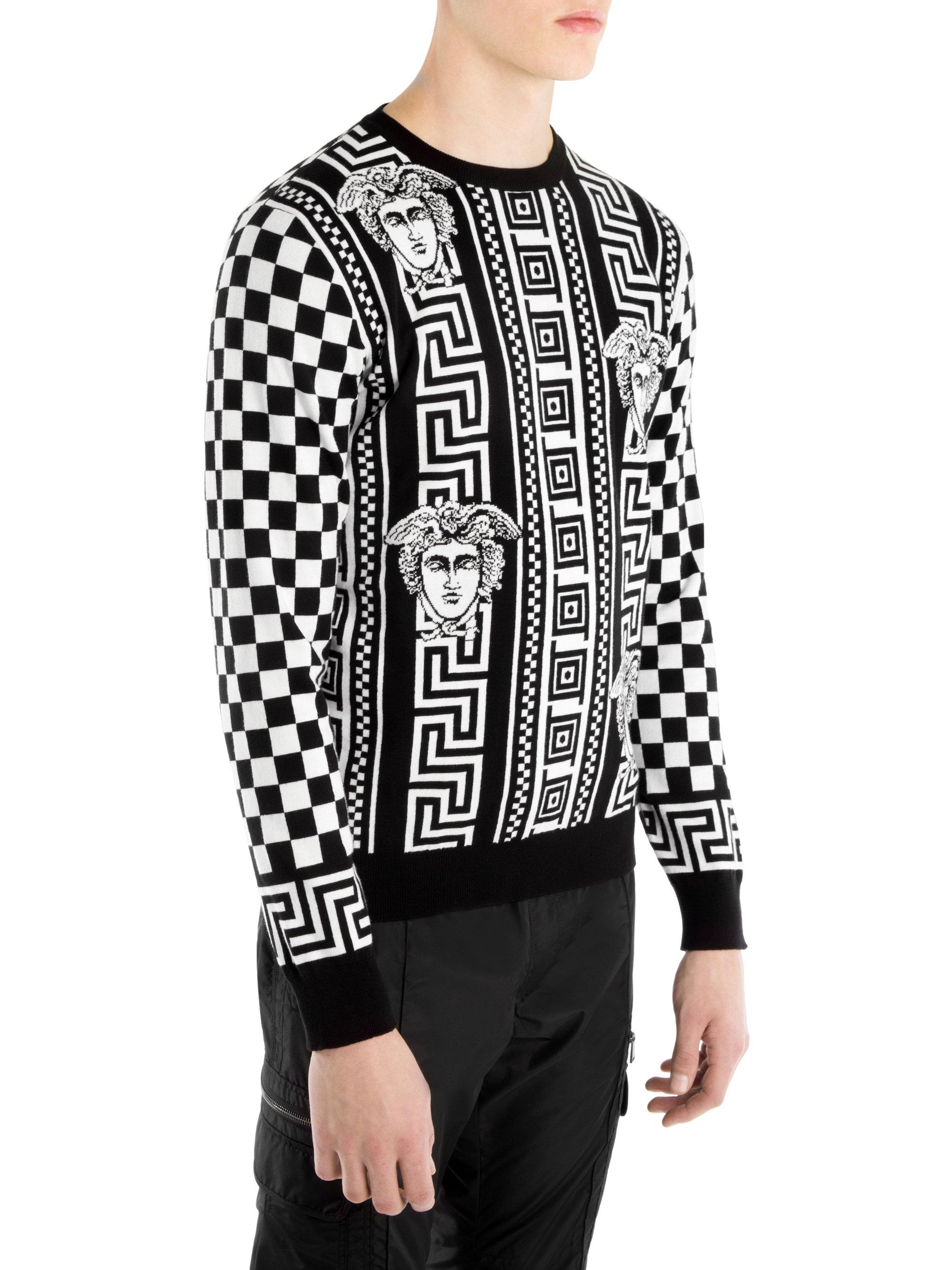 Lyst - Versace Greek Motif Checkered Jacquard Sweater in Black for Men