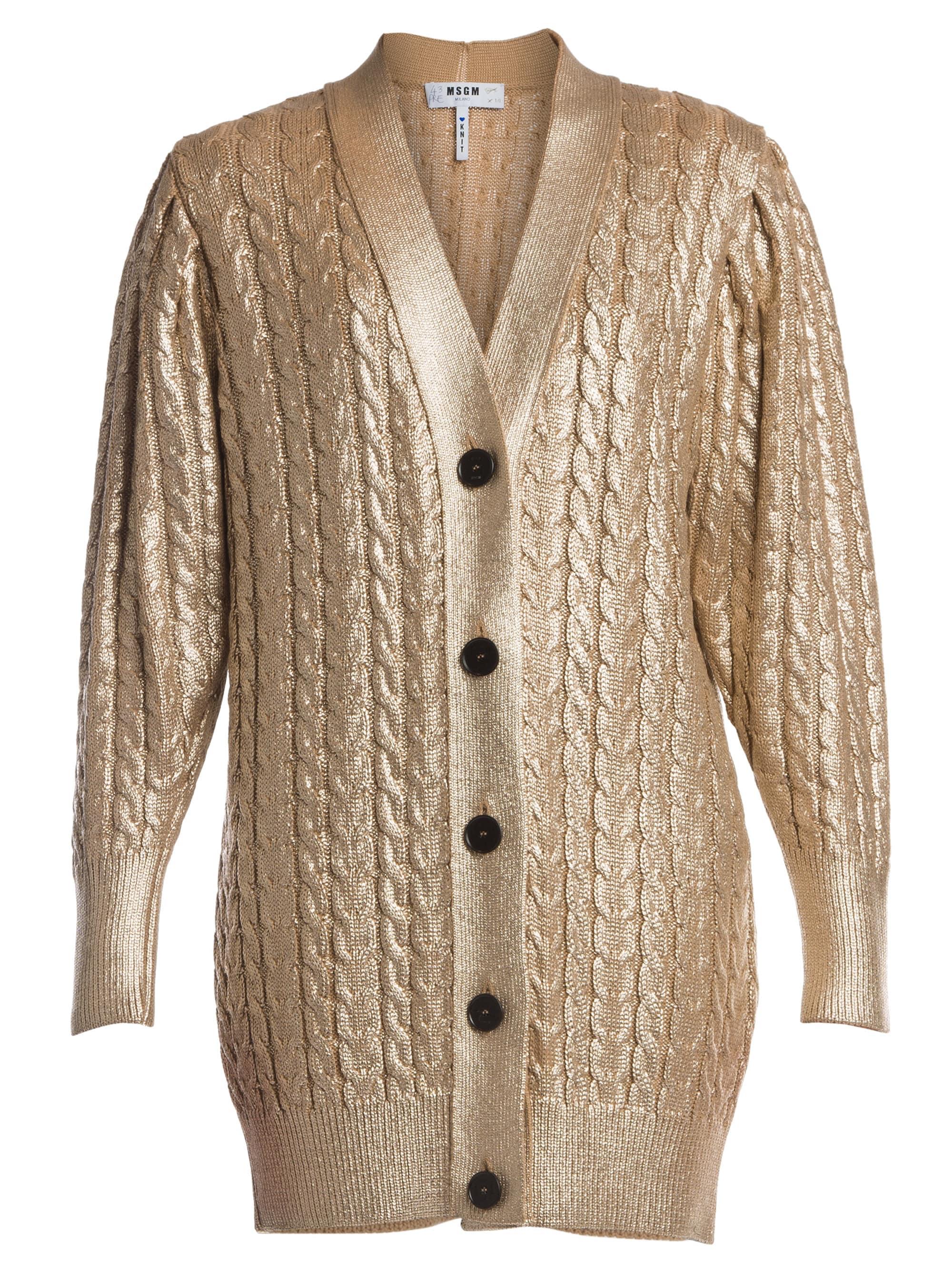 MSGM Women's Metallic Cableknit Cardigan Gold Camel Lyst