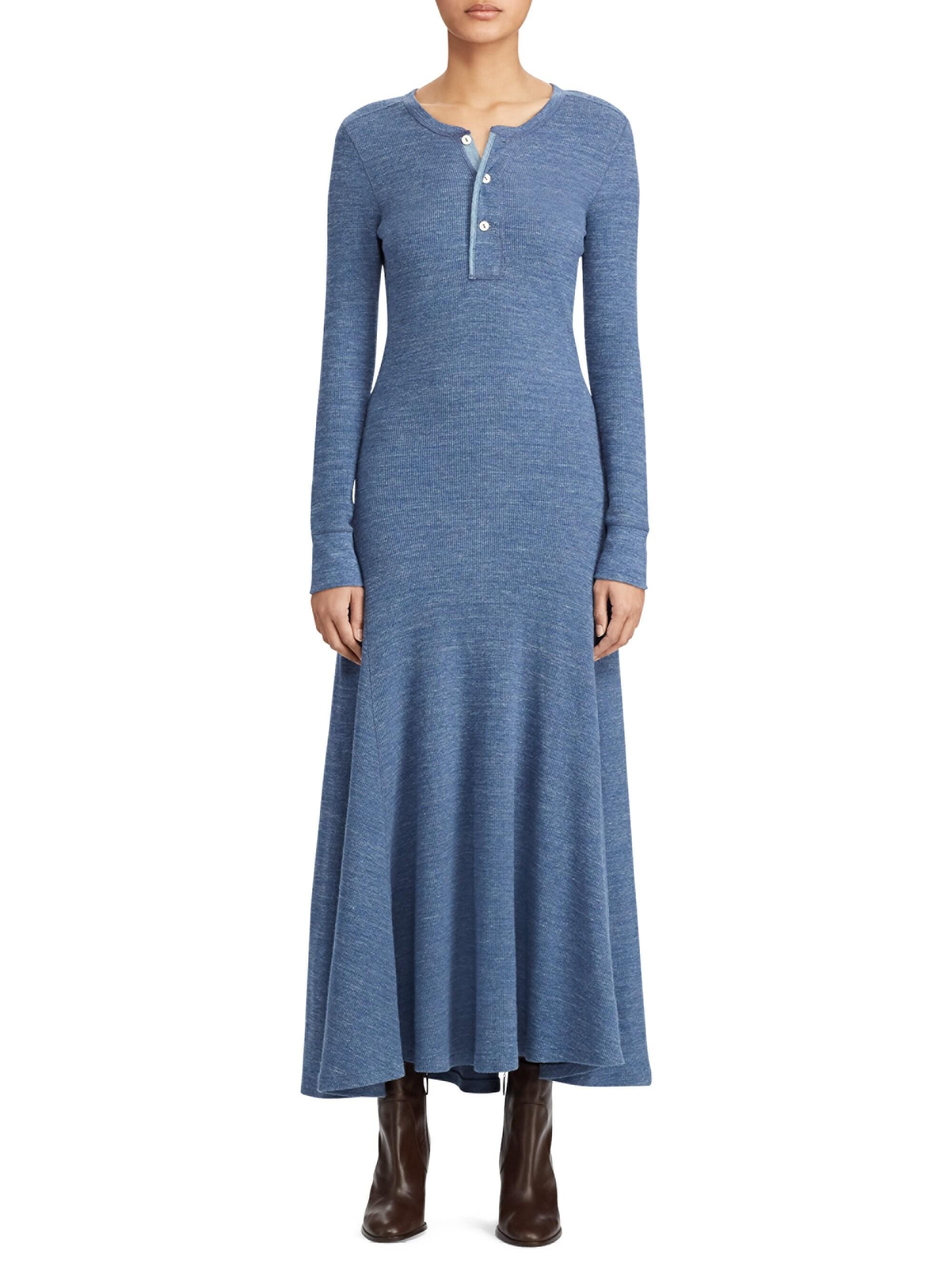 Polo Ralph Lauren Waffleknit Henley Maxi Dress in Blue Lyst