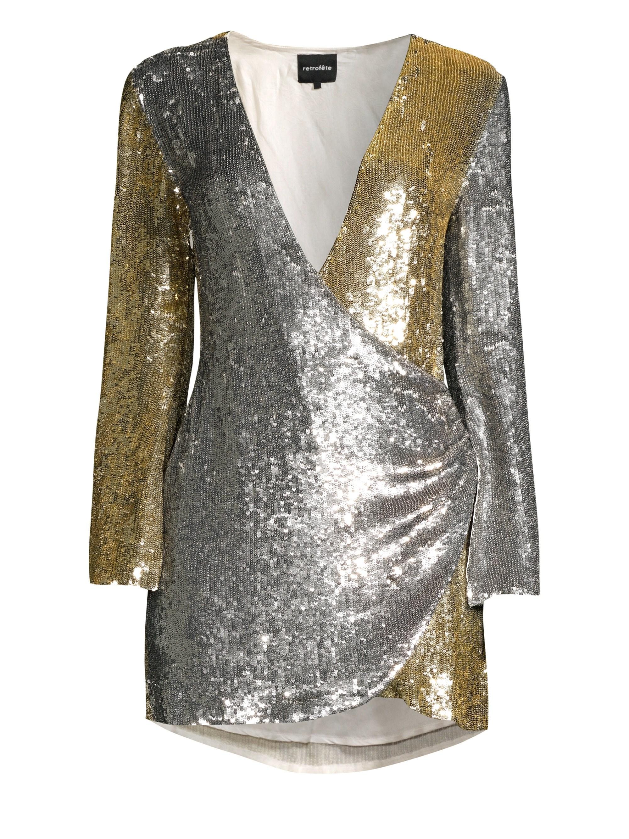 retroféte Christine Sequin Mini Wrap Dress in Silver Gold (Metallic) - Lyst