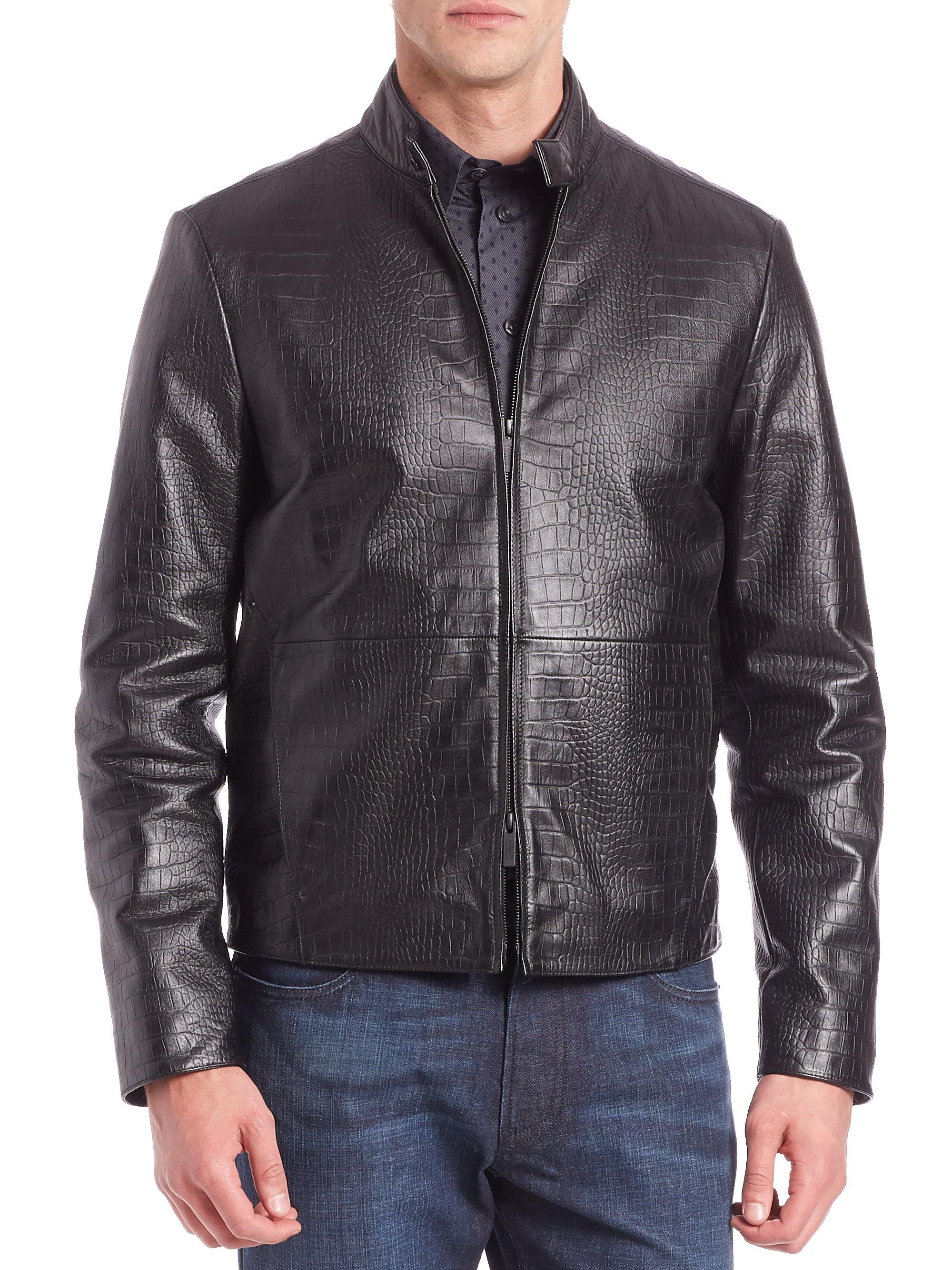 Lyst Armani Crocembossed Leather Jacket in Black for Men