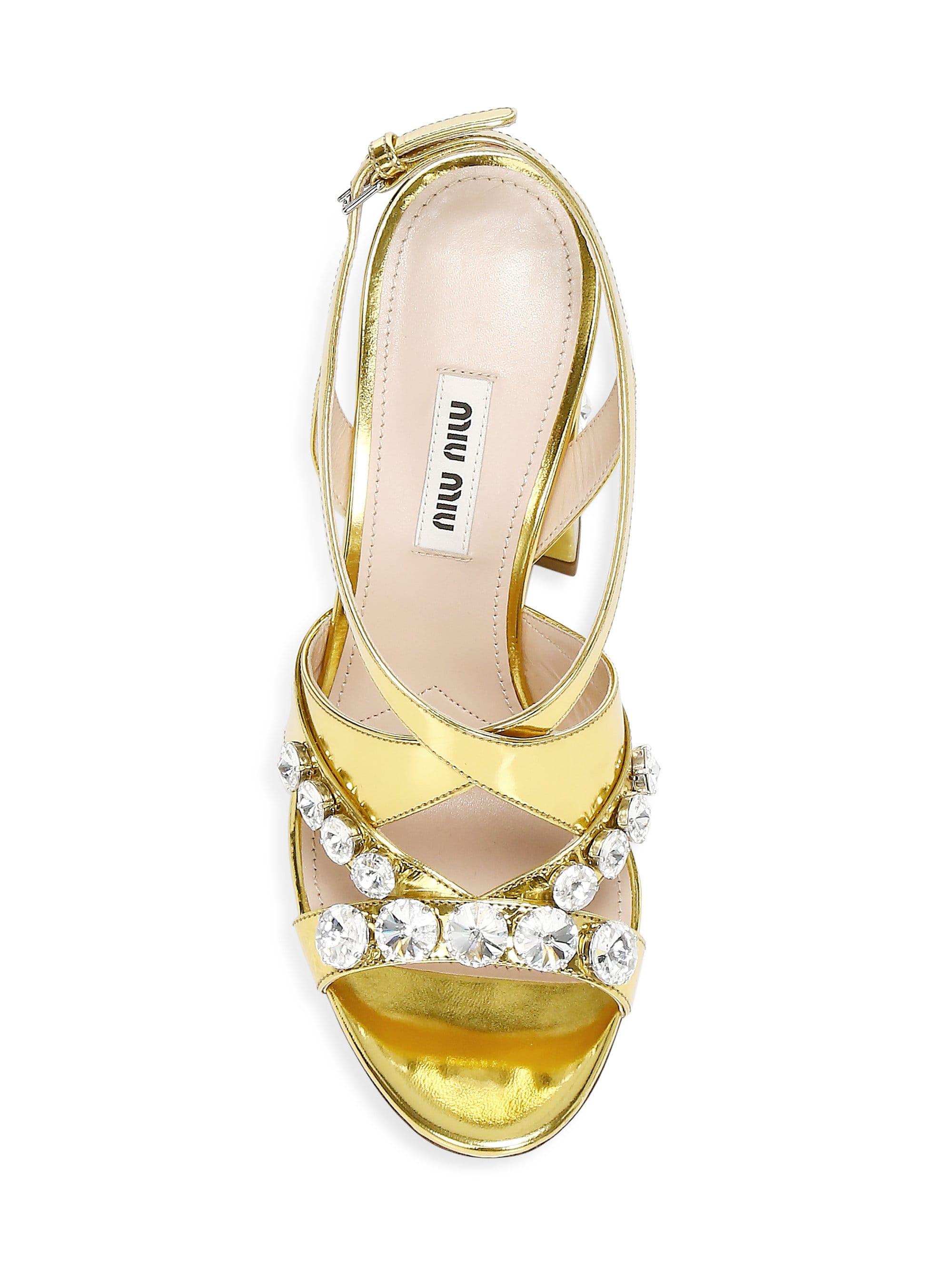 Miu Miu Crystal-embellished Metallic Leather Curved-heel Sandals in ...