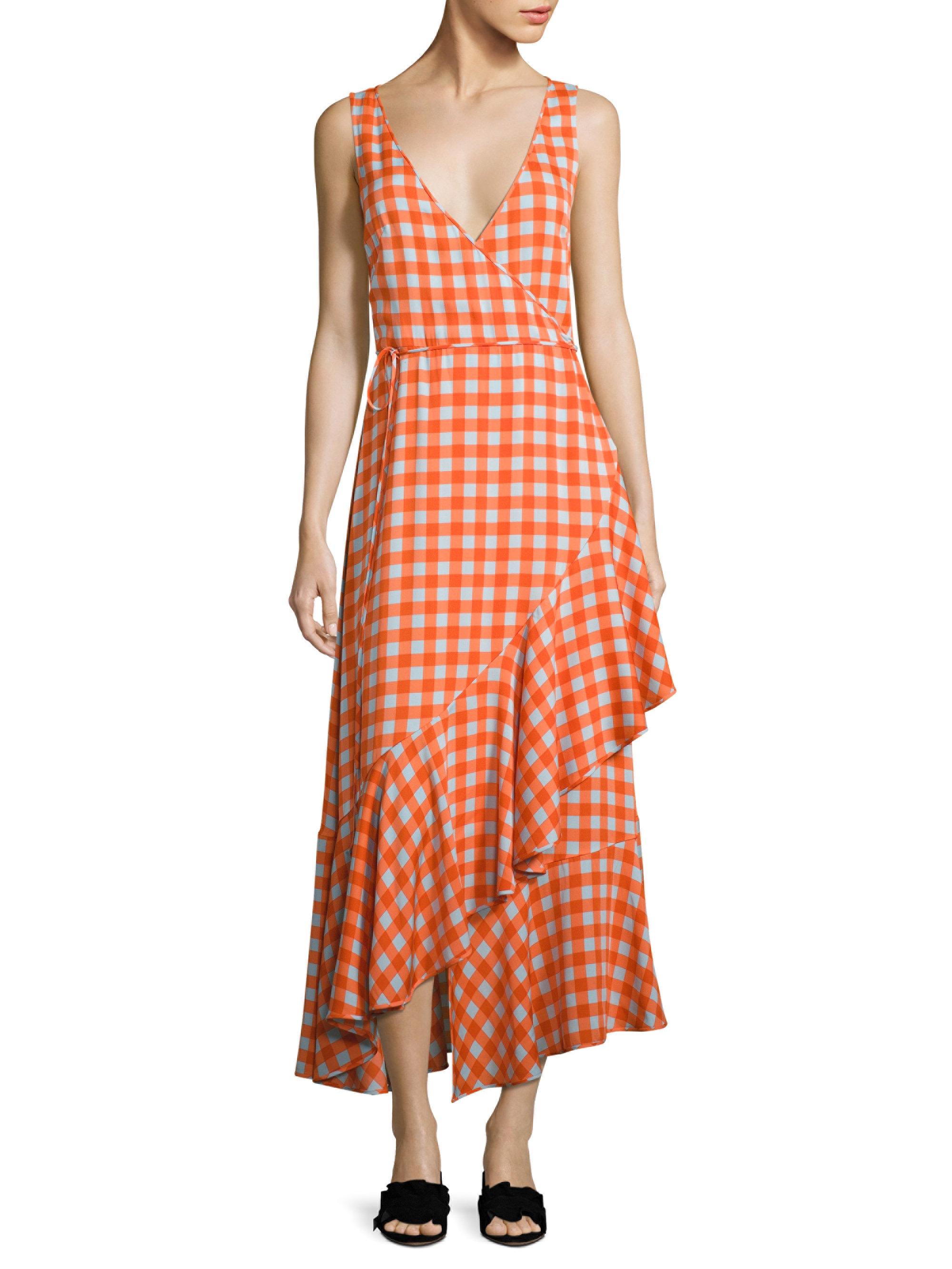 Lyst - Diane Von Furstenberg Gingham Asymmetrical Ruffled Midi Dress in Red
