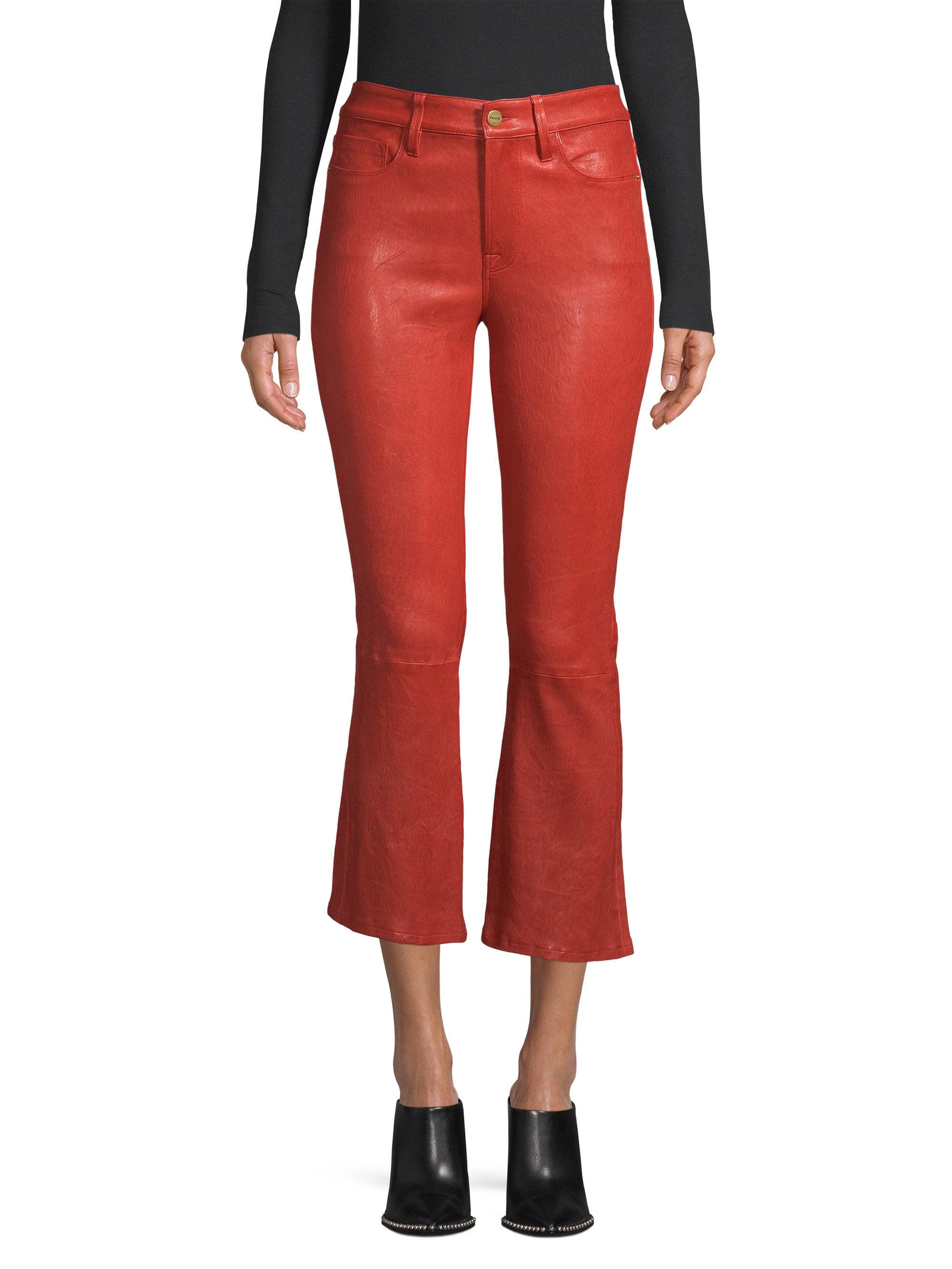 red bootcut trousers