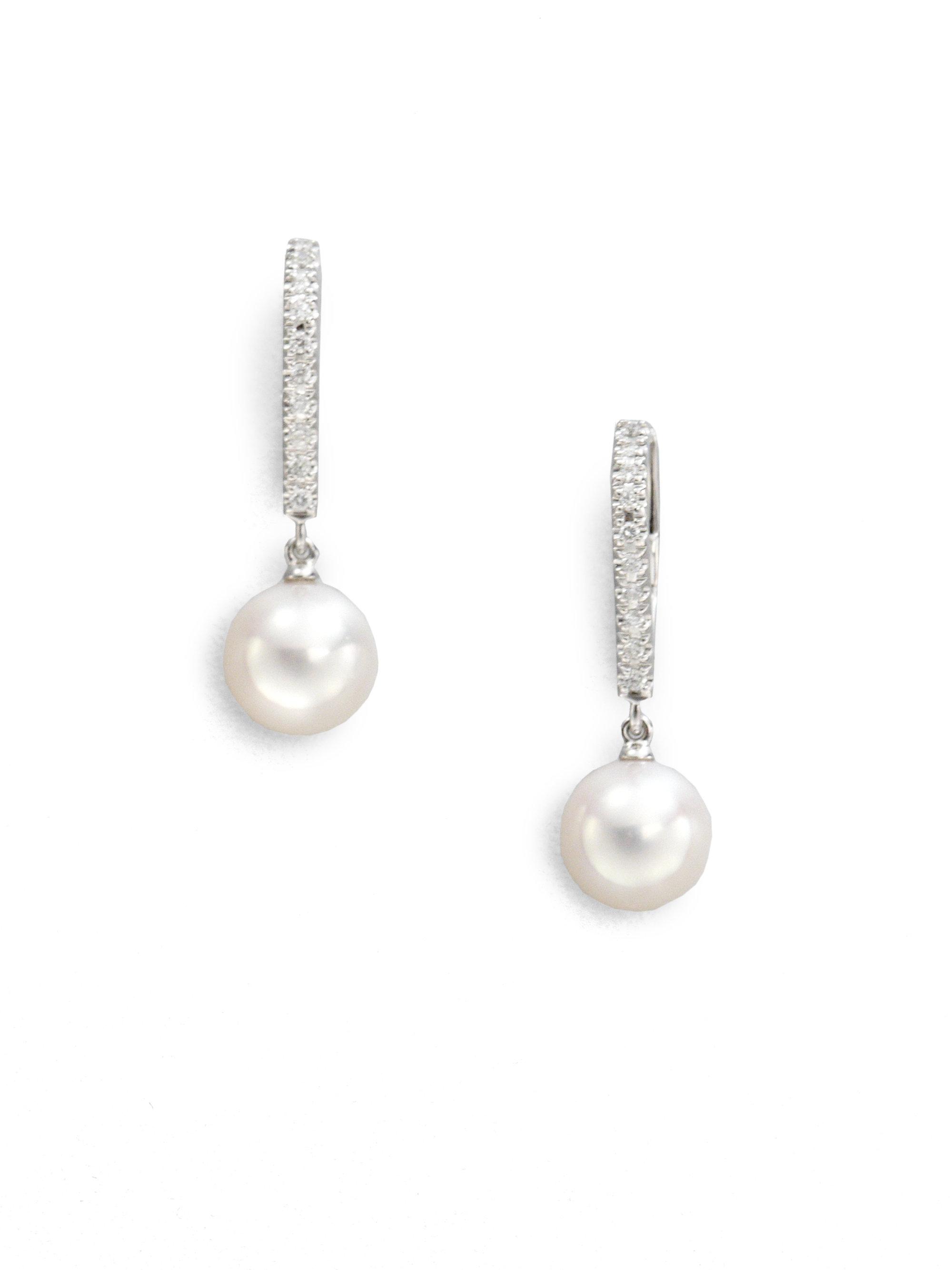 Lyst Mikimoto 7 5mm White Cultured Akoya Pearl Diamond 18k Mikimoto
