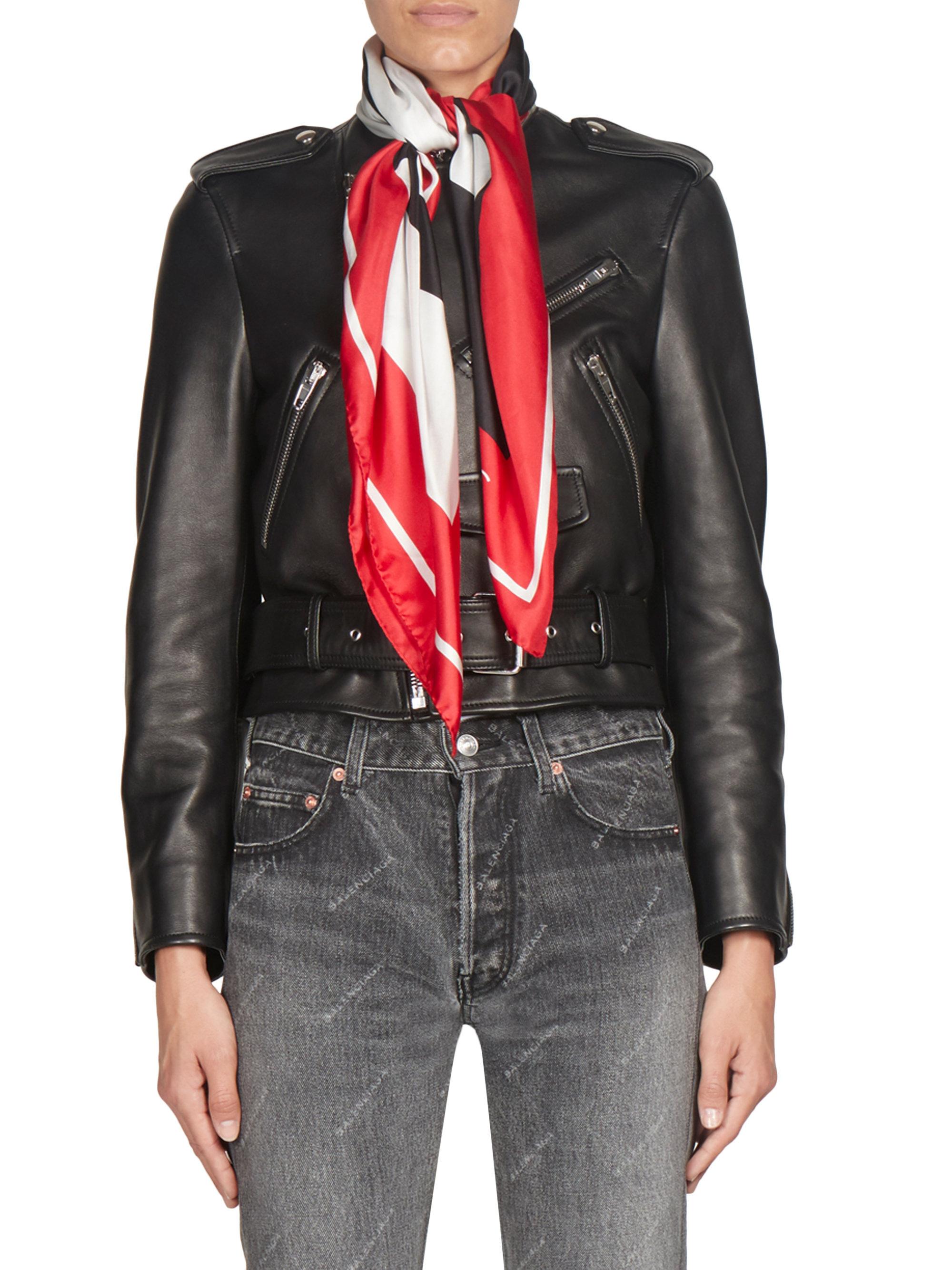 Lyst Balenciaga Silk Scarf Leather Biker Jacket In Black Gallery