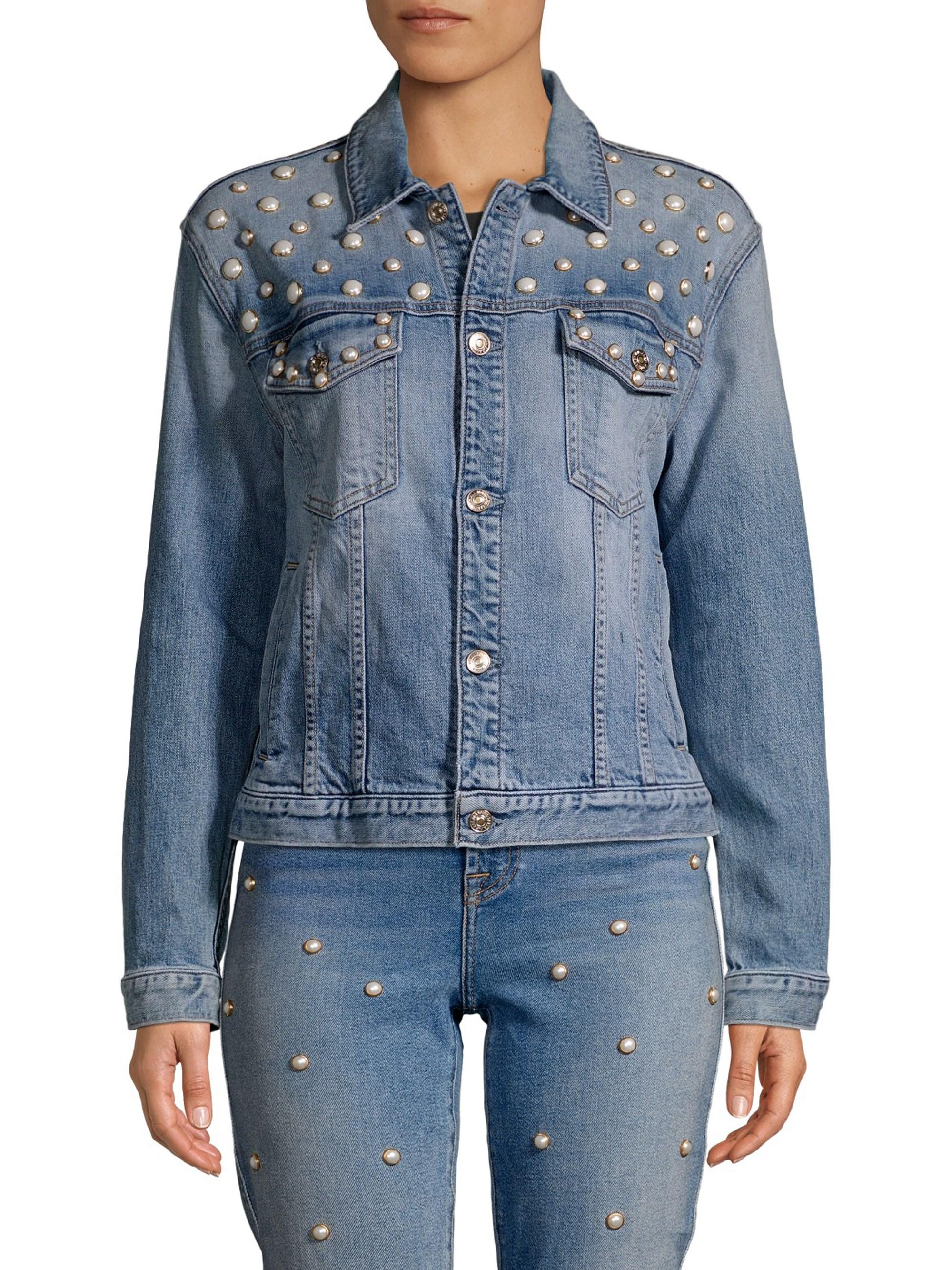 Lyst - 7 For All Mankind Faux Pearl Embellished Denim Jacket in Blue