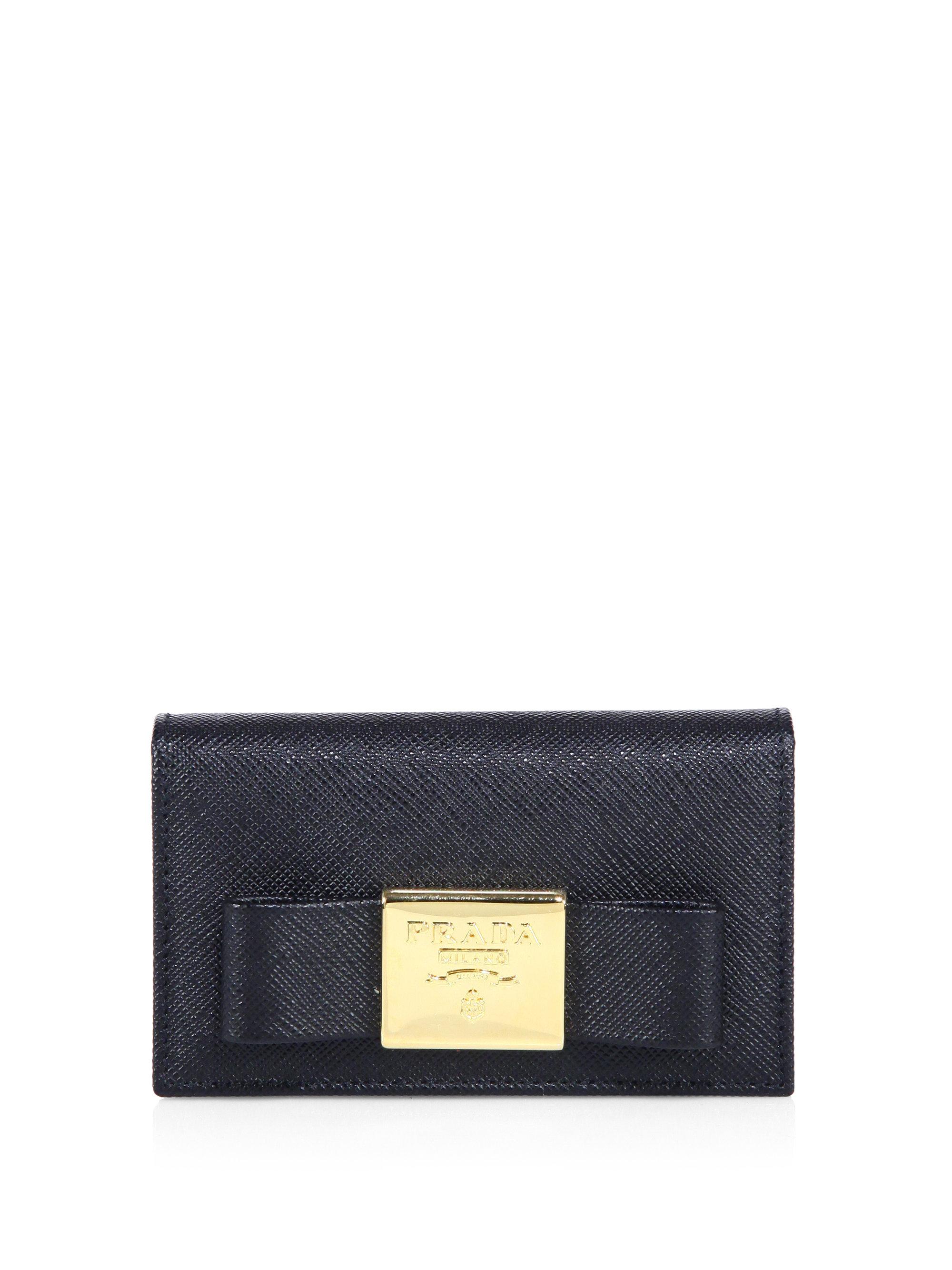 Prada Bow Saffiano Leather Card Wallet in Black - Lyst