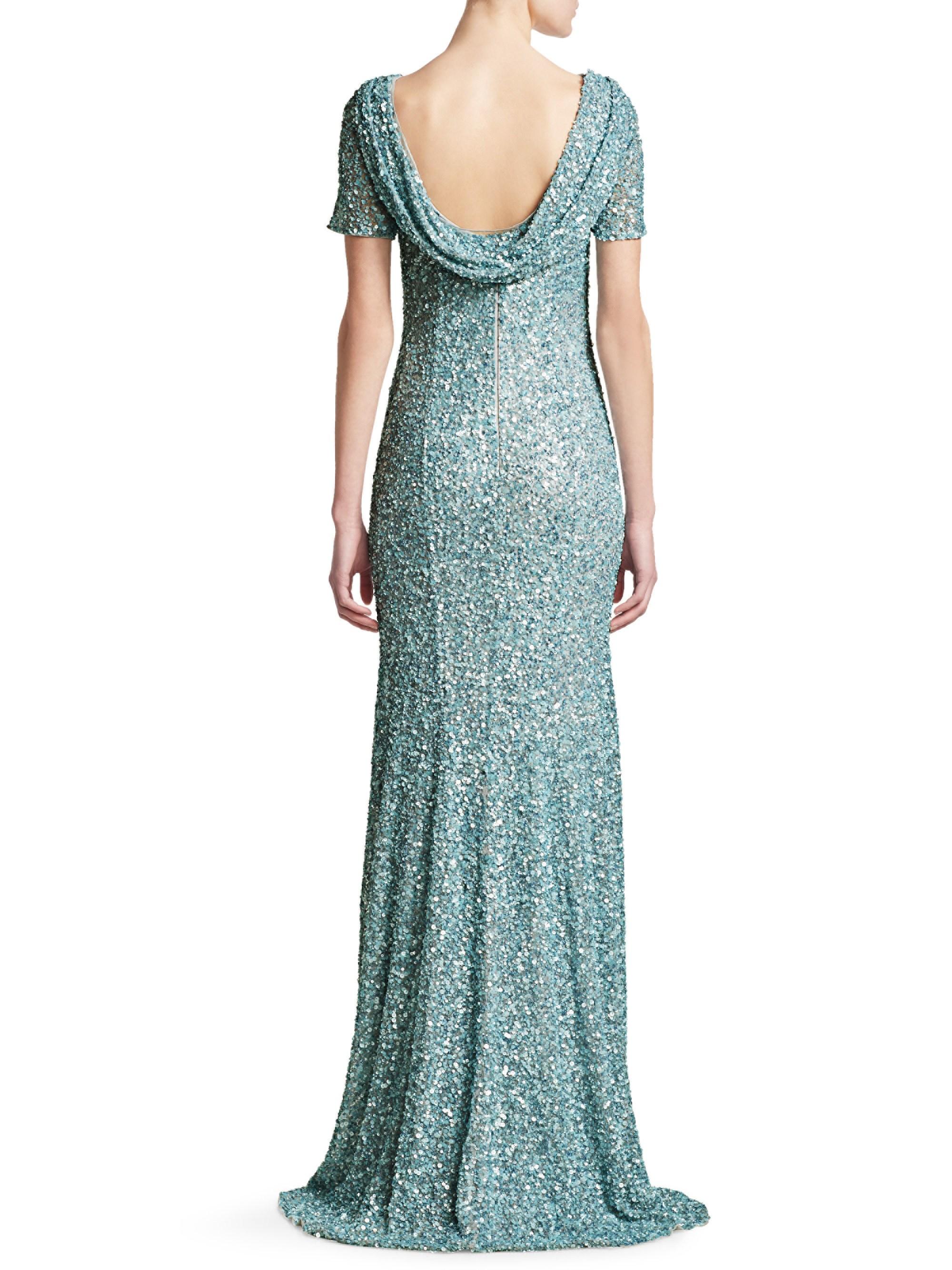 THEIA Cowl Back Sequin Trumpet Gown in Ice Blue (Blue) - Lyst