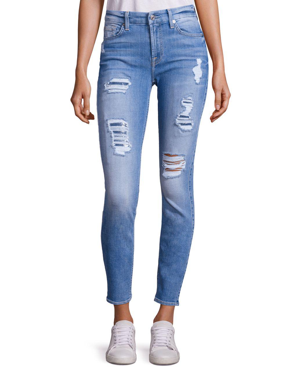 Lyst - 7 For All Mankind Peek-a-boo Sequin Distressed Skinny Ankle Jeans in Blue