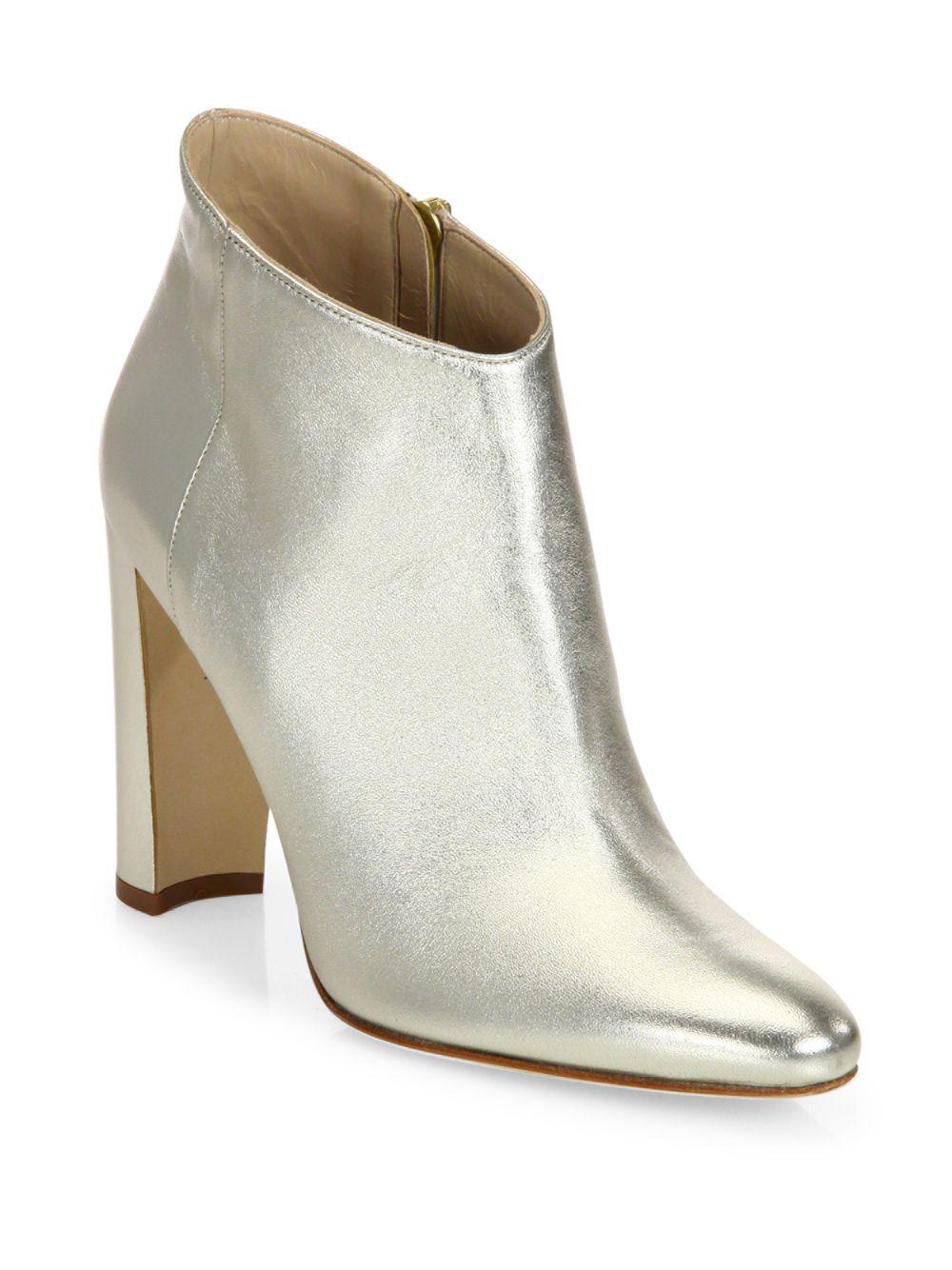 Manolo Blahnik Brusta Metallic Leather Block Heel Booties - Lyst