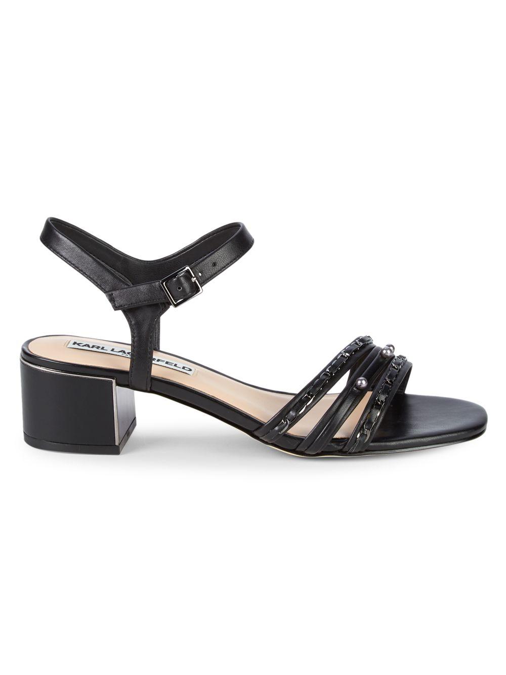 Karl Lagerfeld Tori Embellished Leather Block Sandals in Black - Lyst