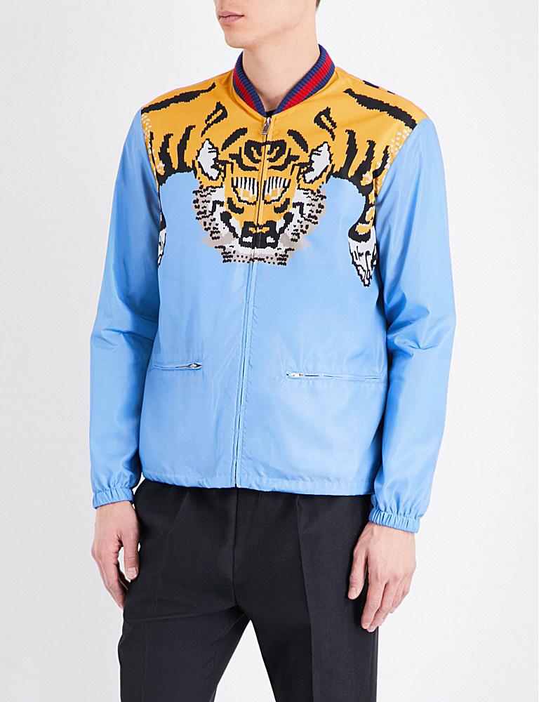 Gucci Blue Tiger,graphic Shell Bomber Jacket for men