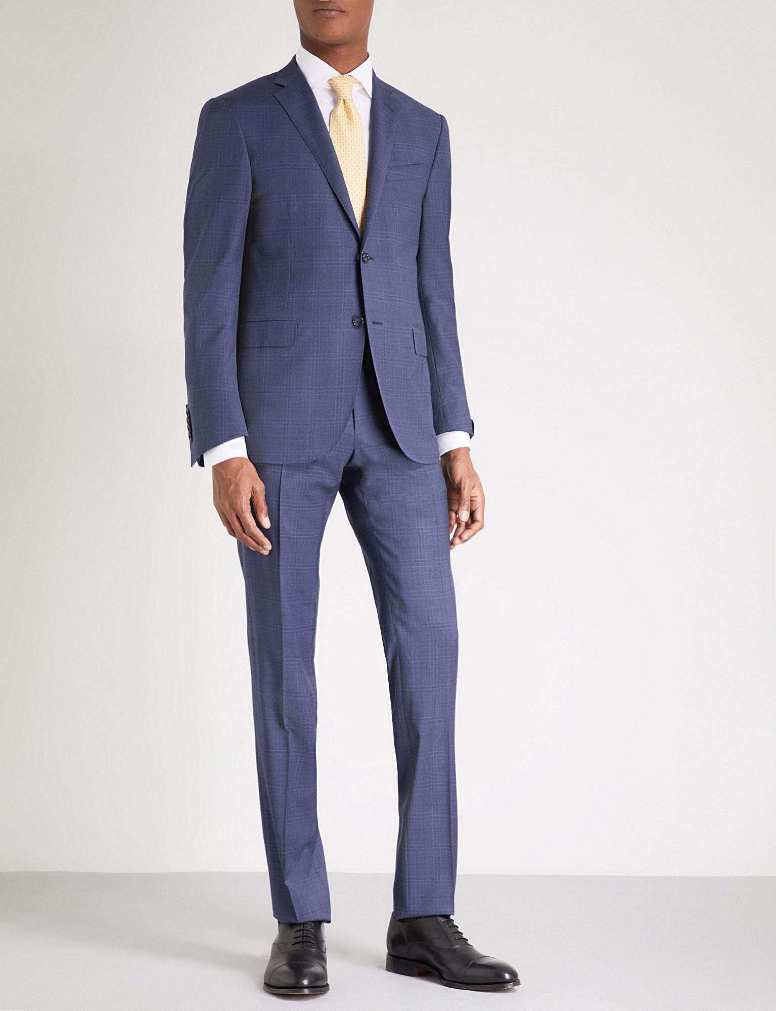 mens blue regular-fit checked wool suit