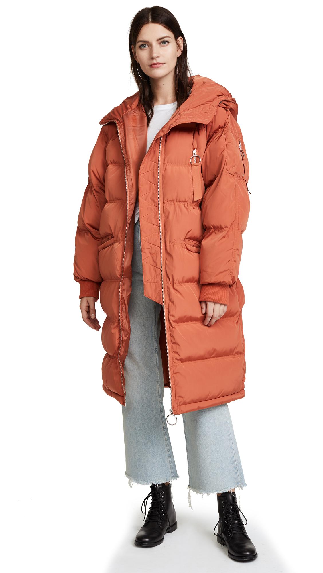 long orange puffer jacket