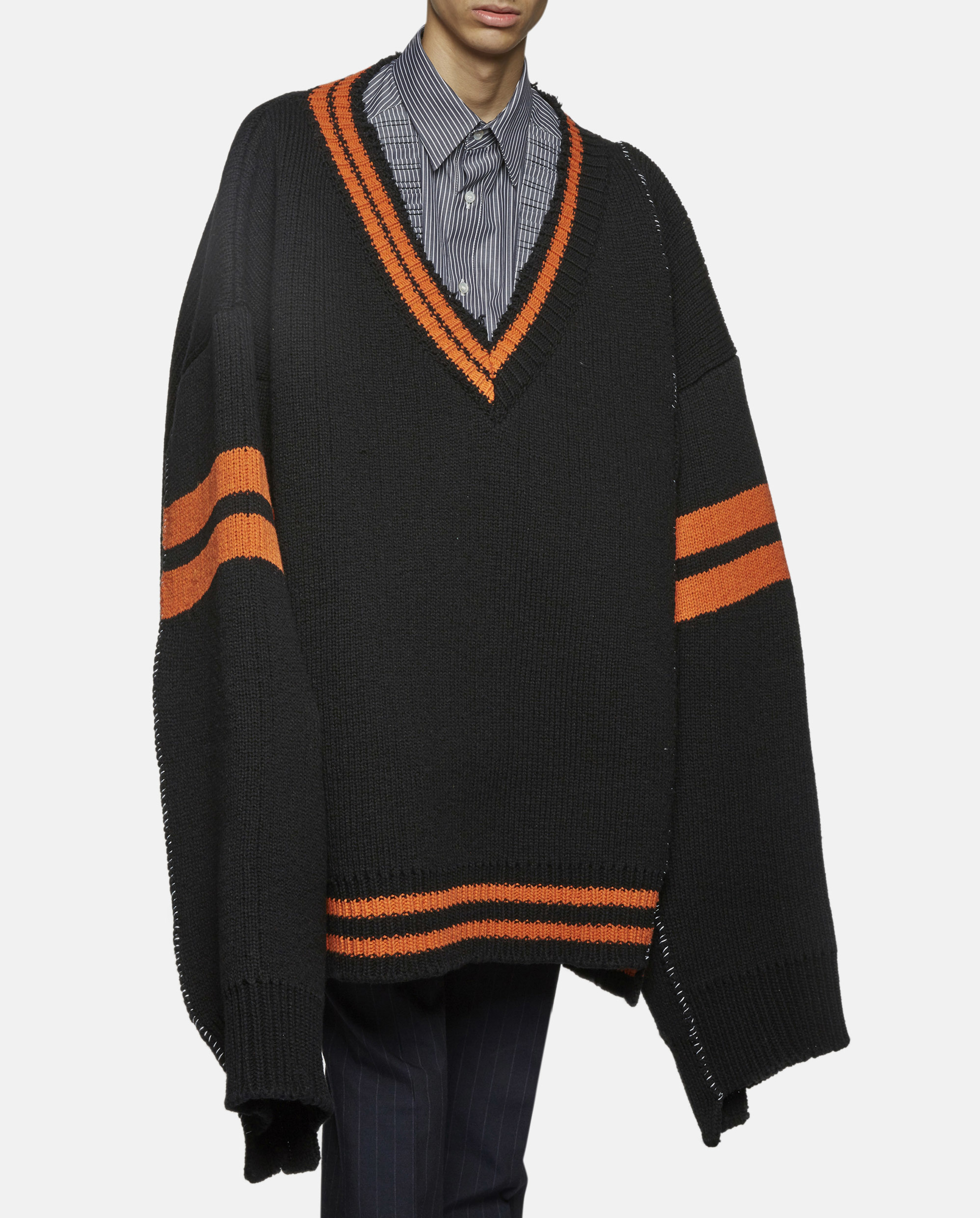 Lyst - Raf Simons Oversized Destroyed V-neck Knit Sweater With Stripes ...