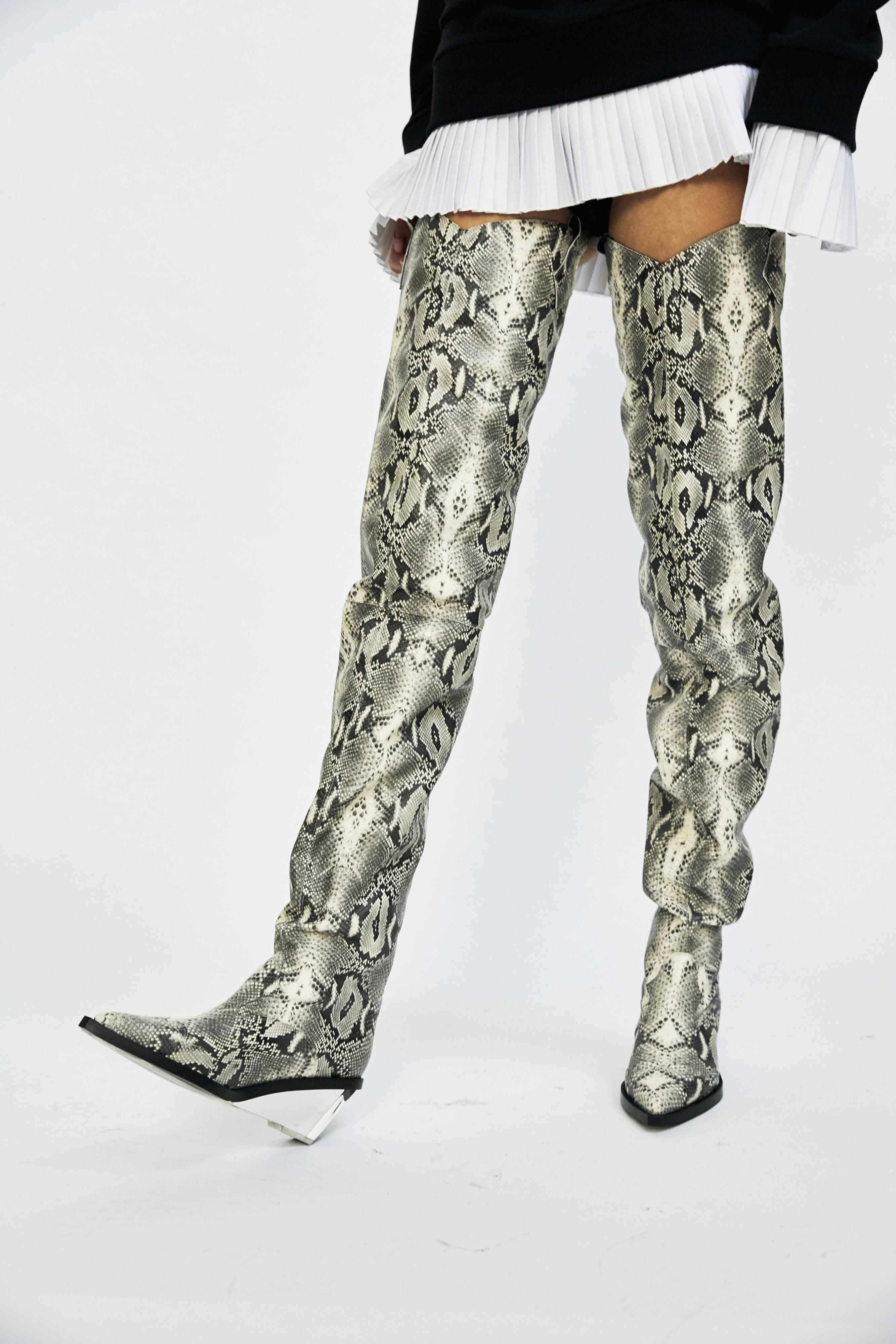 snakeskin thigh high boots