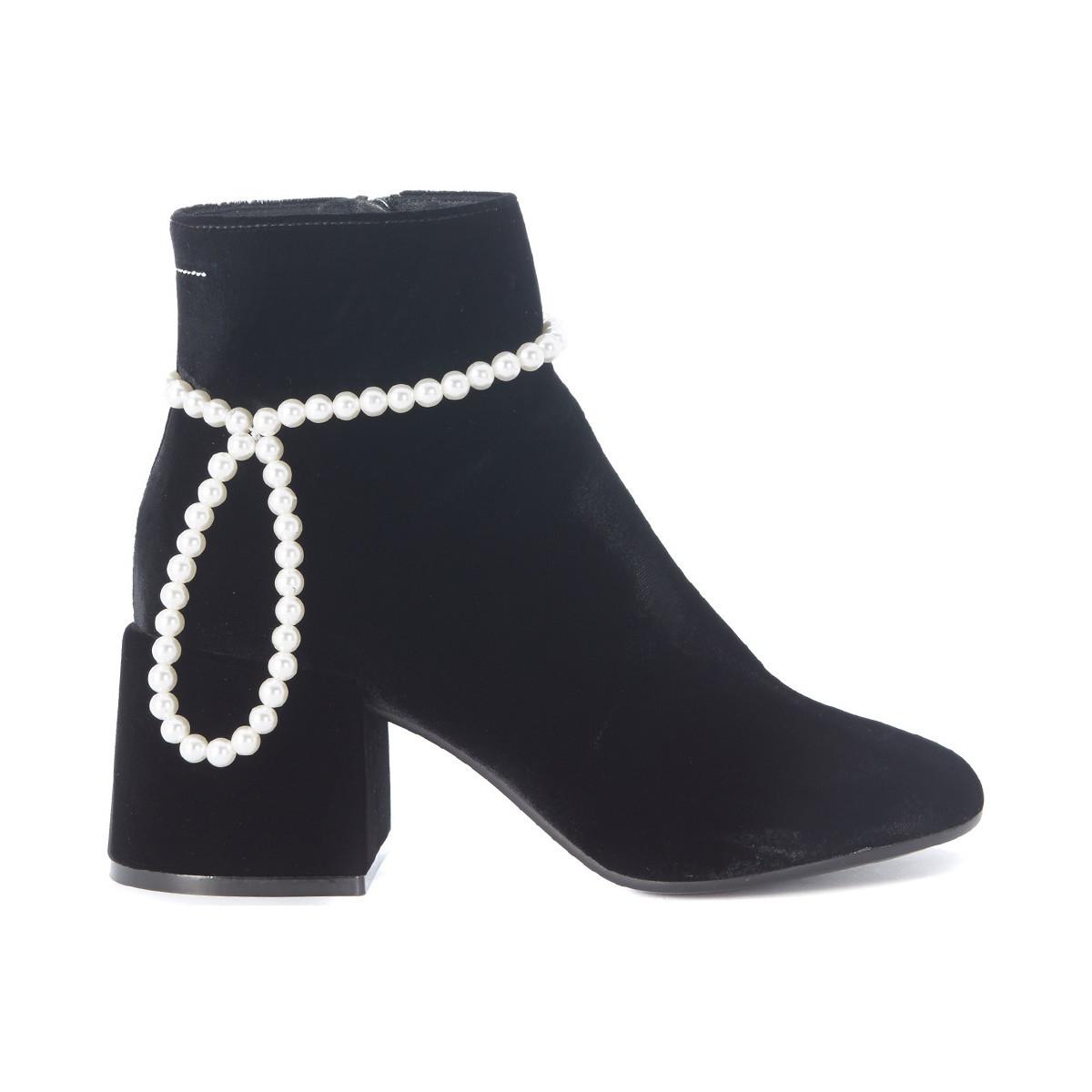 MM6 by Maison Martin Margiela Velvet Faux Pearl Embellished Ankle Boots ...