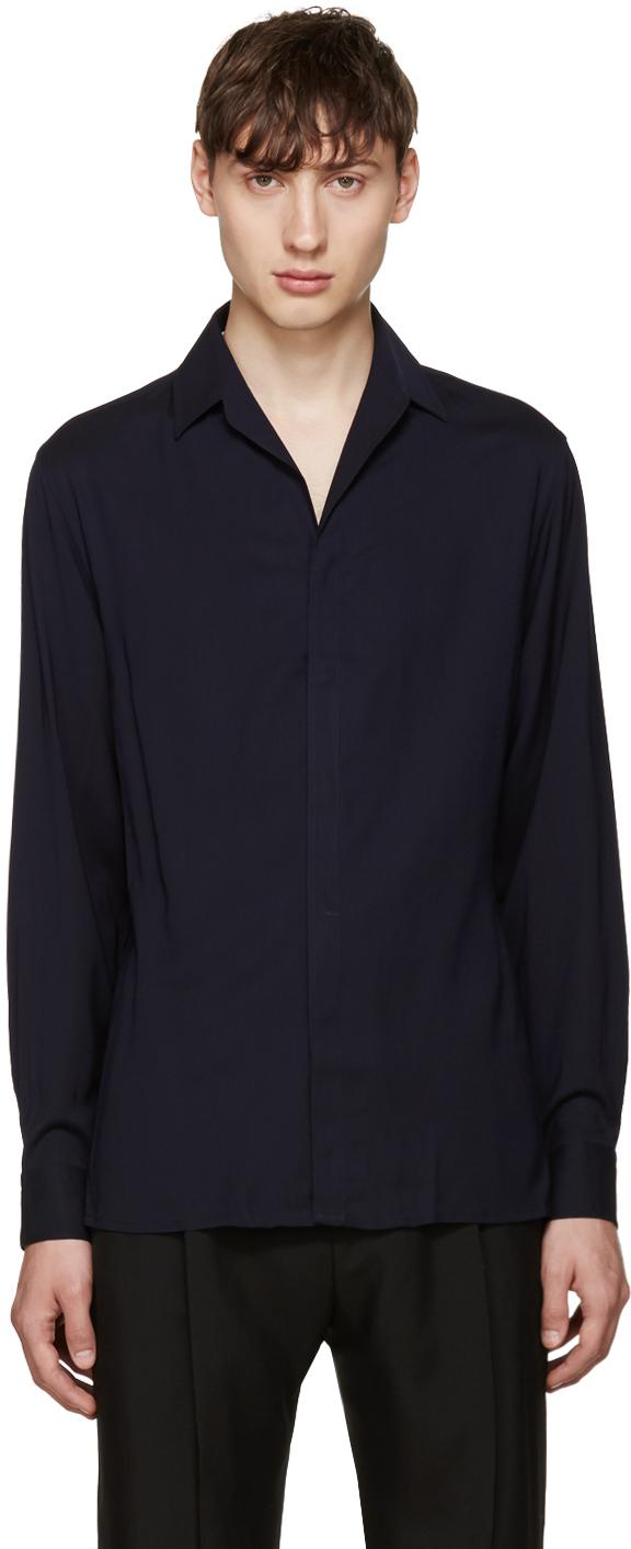 Lanvin Navy Open Collar Shirt in Blue for Men | Lyst